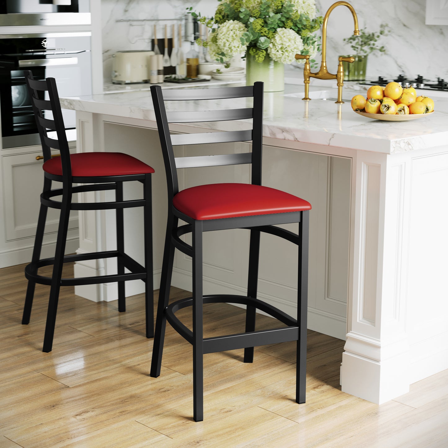 HERCULES Black Ladder Back Metal Restaurant Barstool - Red Vinyl Seat Red Vinyl Seat/Black Metal Frame