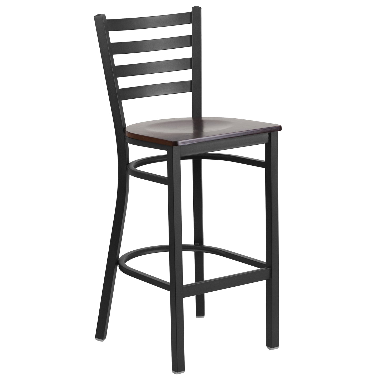 HERCULES Series Black Ladder Back Metal Restaurant Barstool - Walnut Wood Seat Walnut Wood Seat/Black Metal Frame