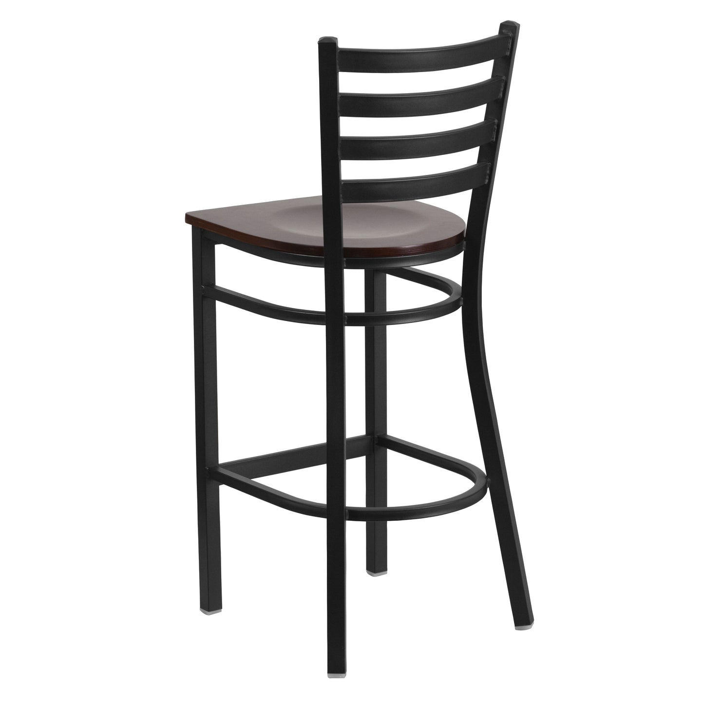 HERCULES Series Black Ladder Back Metal Restaurant Barstool - Walnut Wood Seat Walnut Wood Seat/Black Metal Frame