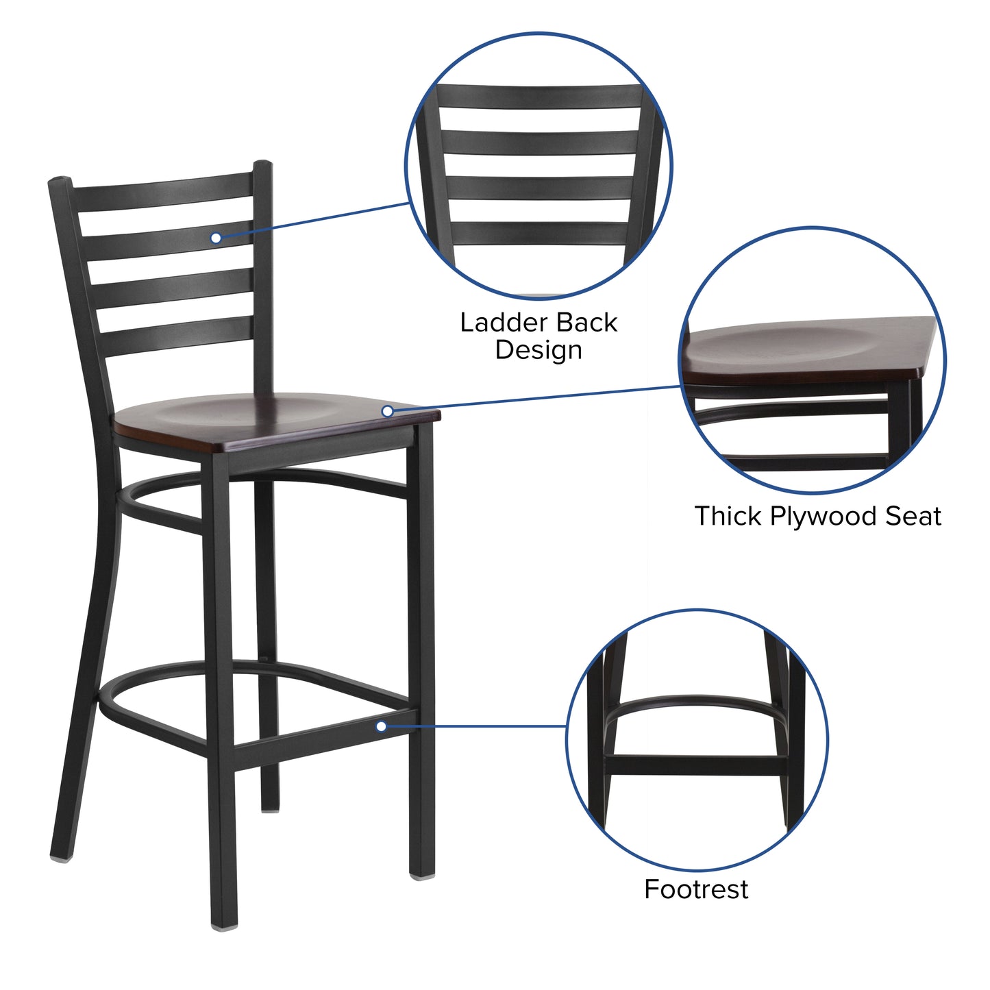 HERCULES Series Black Ladder Back Metal Restaurant Barstool - Walnut Wood Seat Walnut Wood Seat/Black Metal Frame