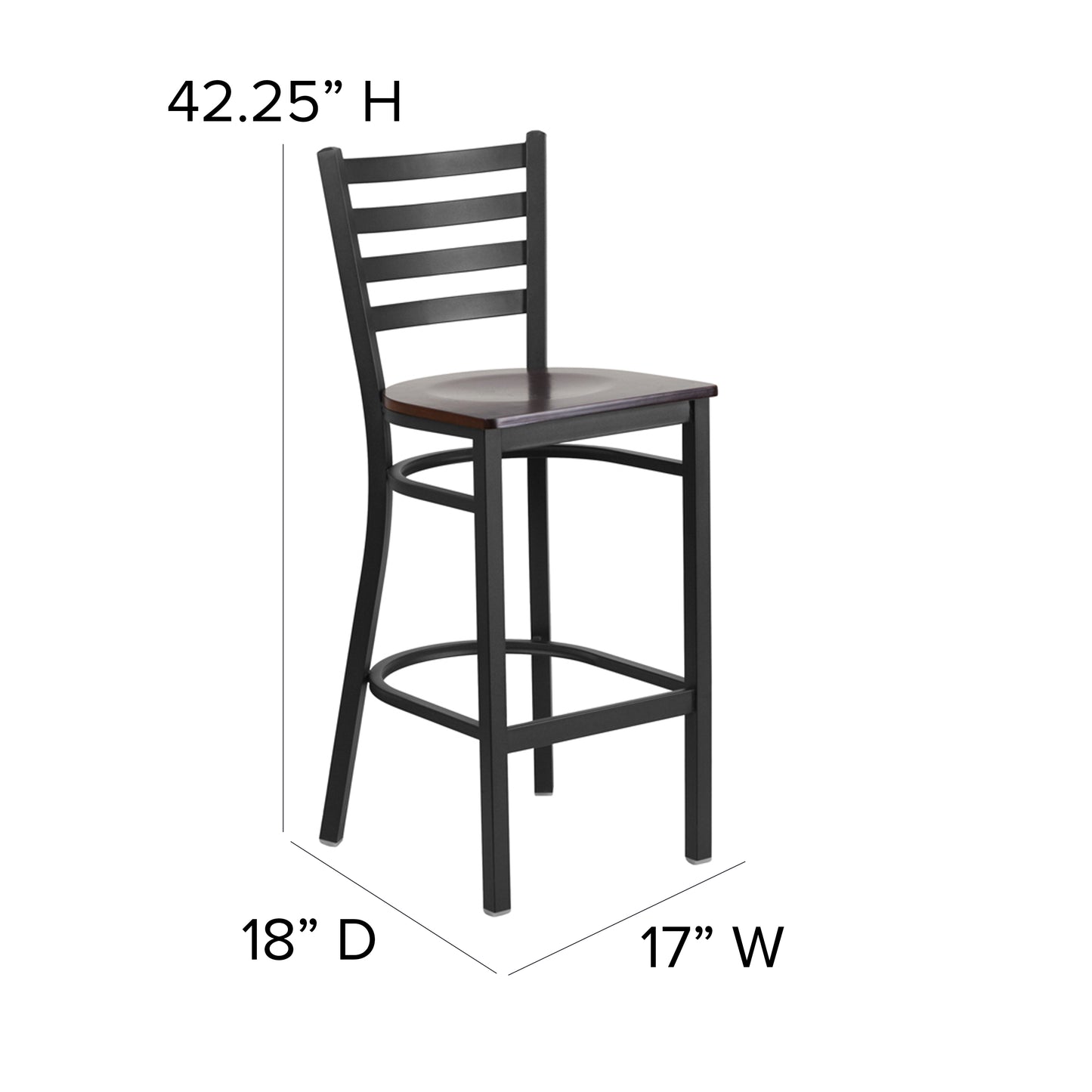HERCULES Series Black Ladder Back Metal Restaurant Barstool - Walnut Wood Seat Walnut Wood Seat/Black Metal Frame
