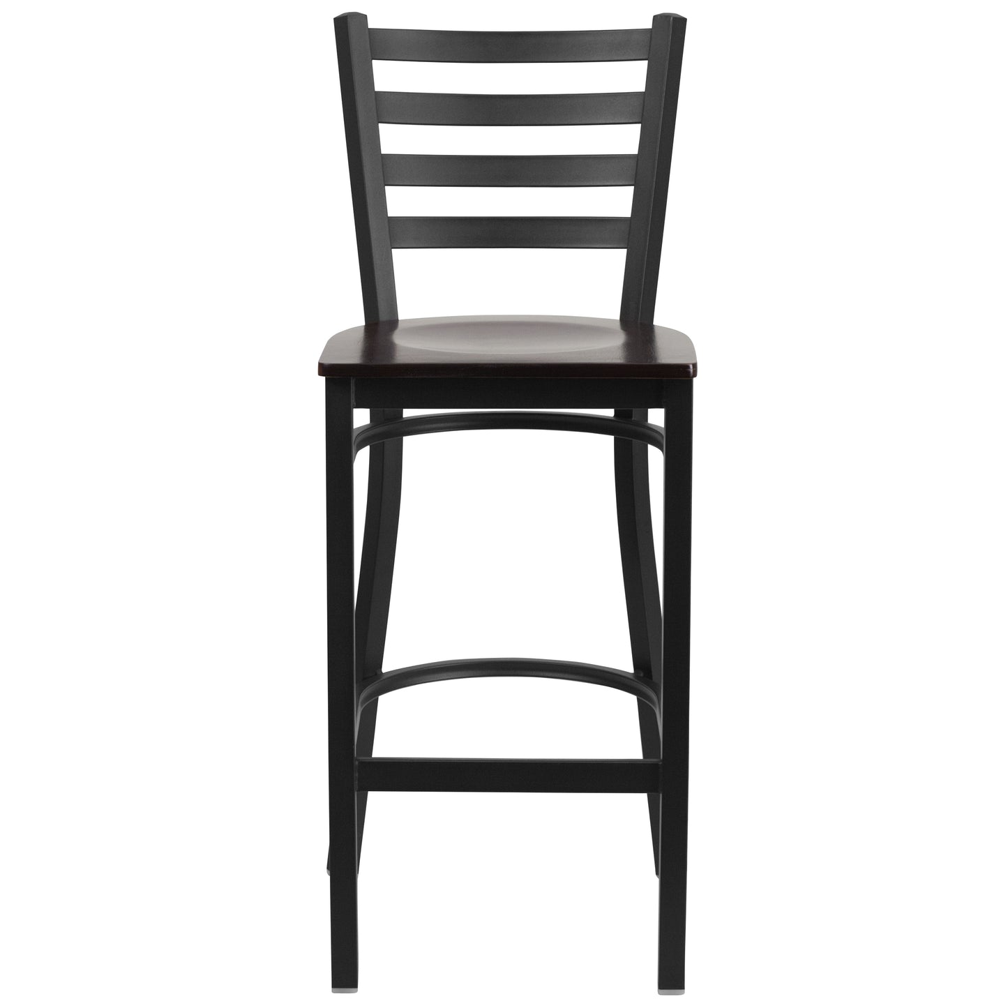 HERCULES Series Black Ladder Back Metal Restaurant Barstool - Walnut Wood Seat Walnut Wood Seat/Black Metal Frame