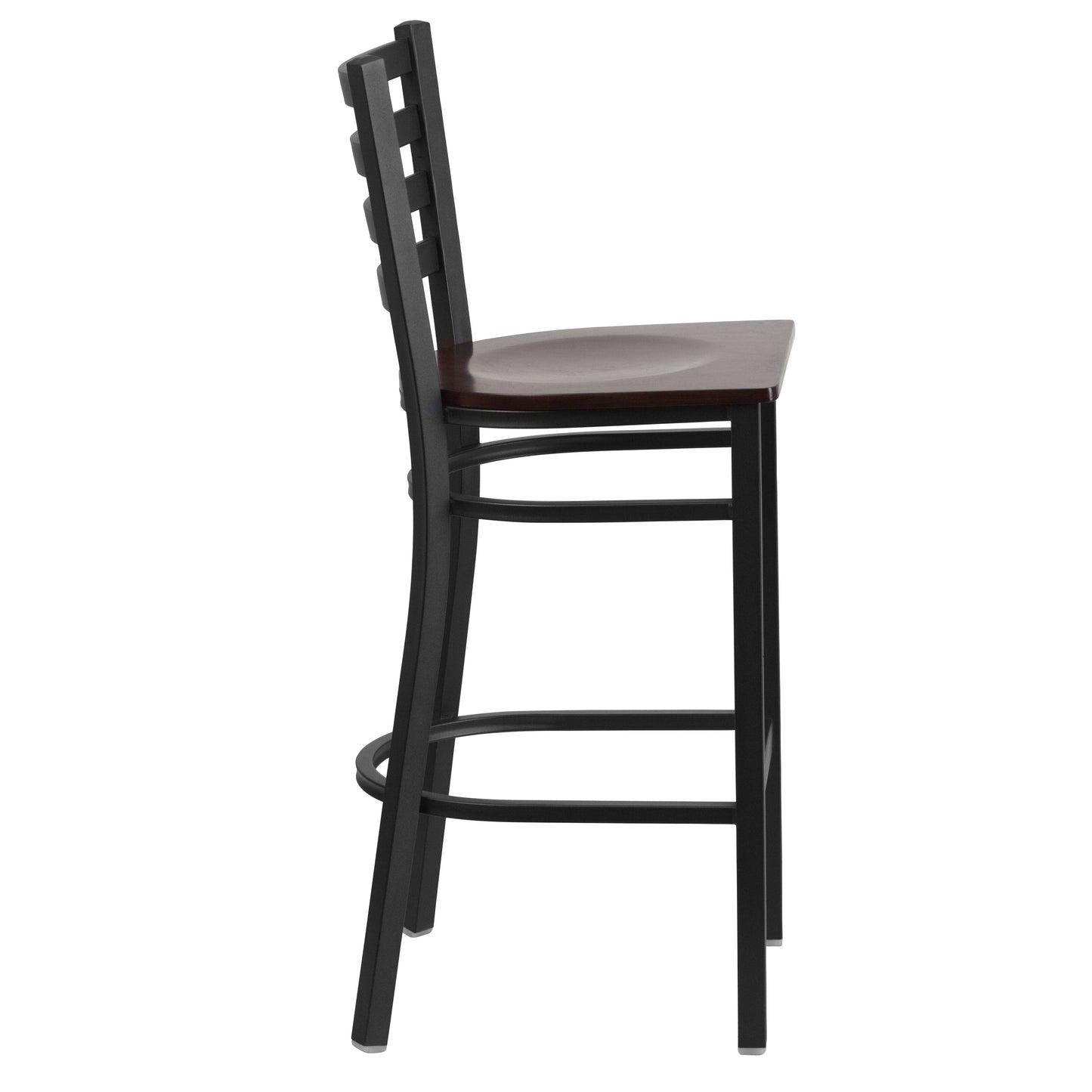 HERCULES Series Black Ladder Back Metal Restaurant Barstool - Walnut Wood Seat Walnut Wood Seat/Black Metal Frame
