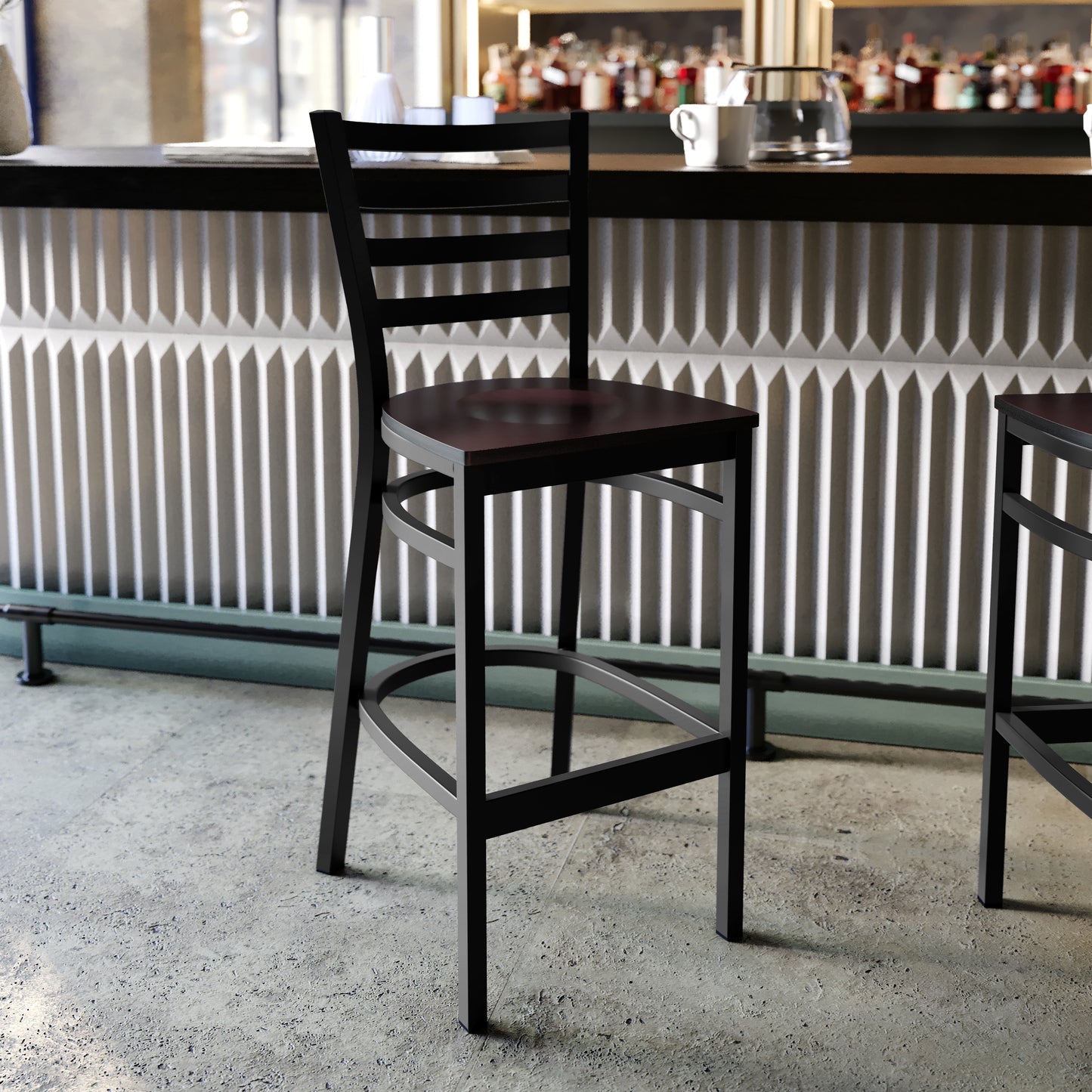HERCULES Series Black Ladder Back Metal Restaurant Barstool - Walnut Wood Seat Walnut Wood Seat/Black Metal Frame