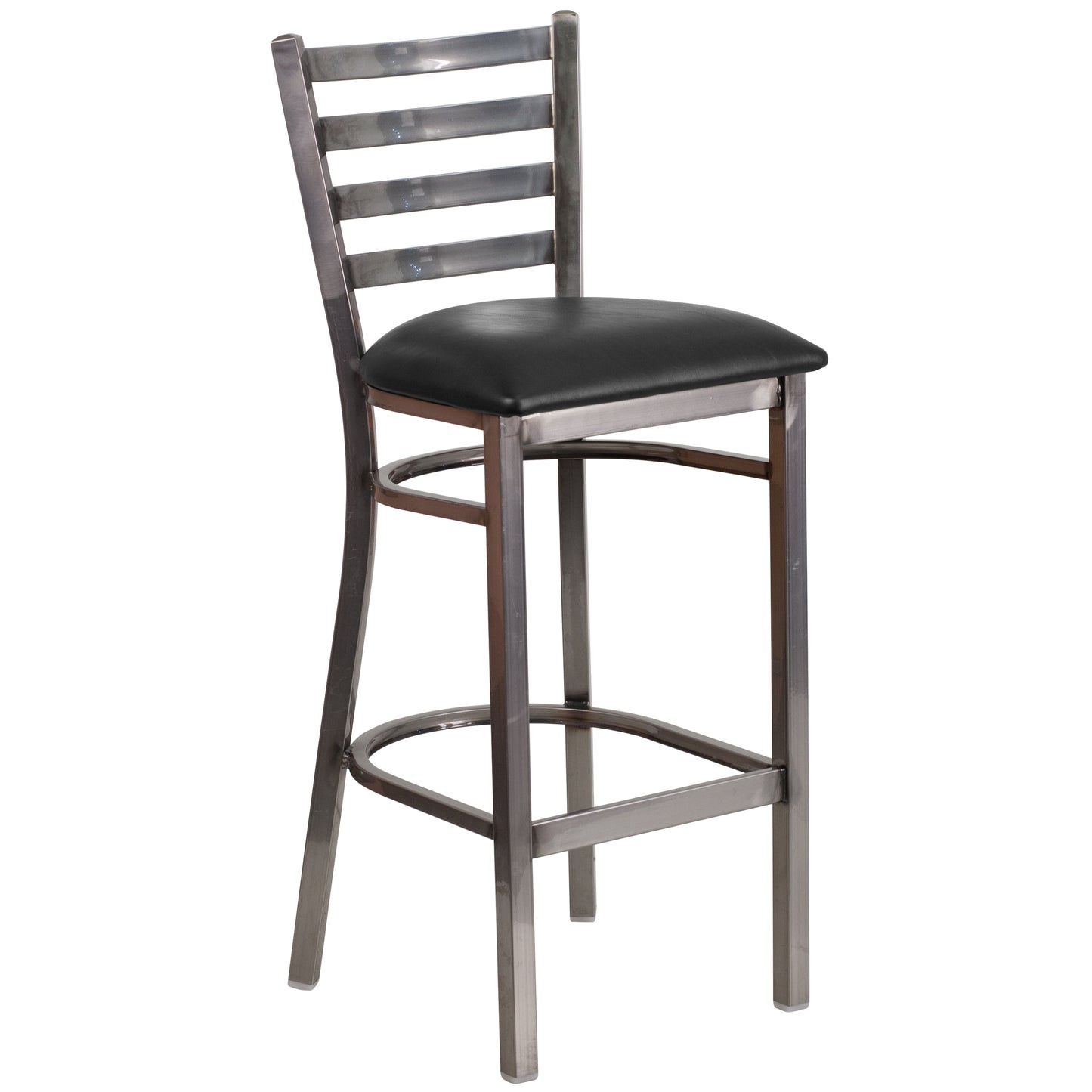 HERCULES Series Silver Antique Finish with Clear Coat Ladder Back Metal Restaurant Barstool - Black Vinyl Seat Black Vinyl Seat/Clear Coated Metal Frame