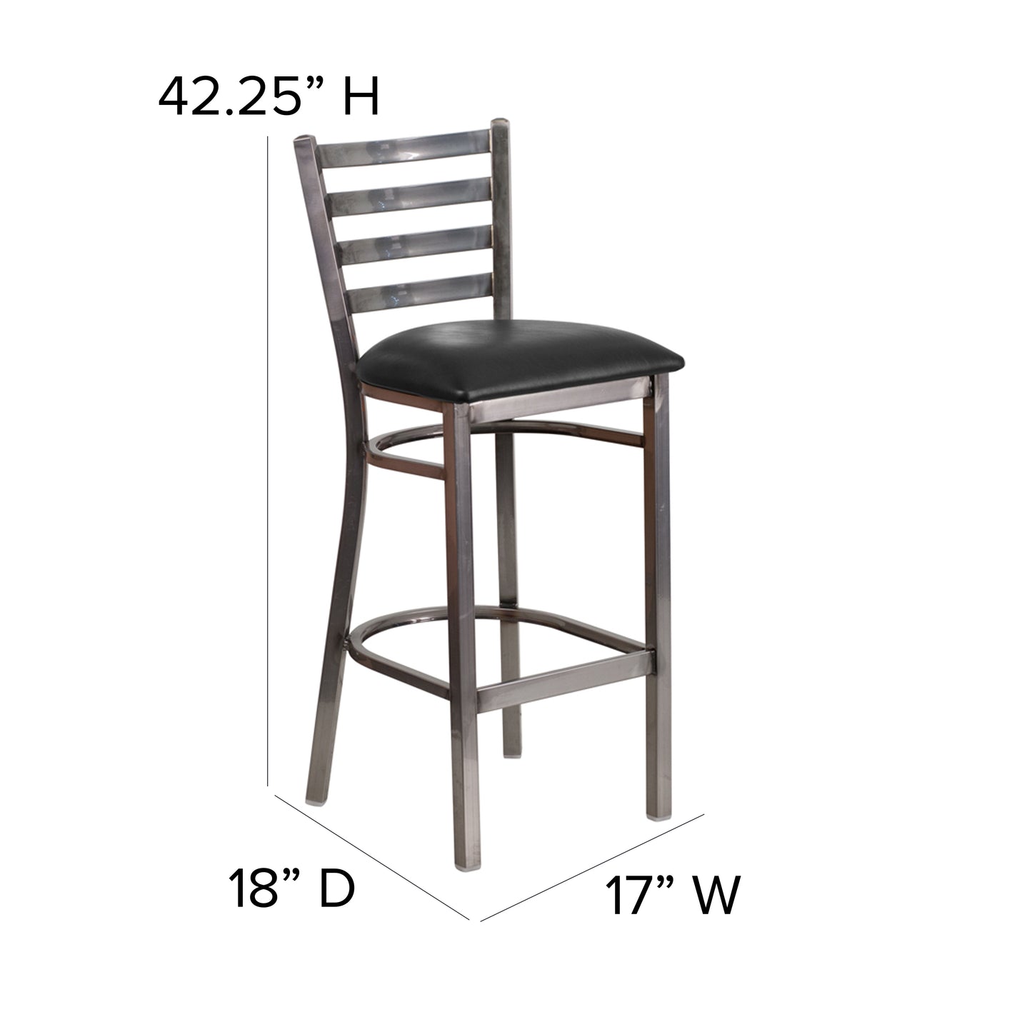 HERCULES Series Silver Antique Finish with Clear Coat Ladder Back Metal Restaurant Barstool - Black Vinyl Seat Black Vinyl Seat/Clear Coated Metal Frame