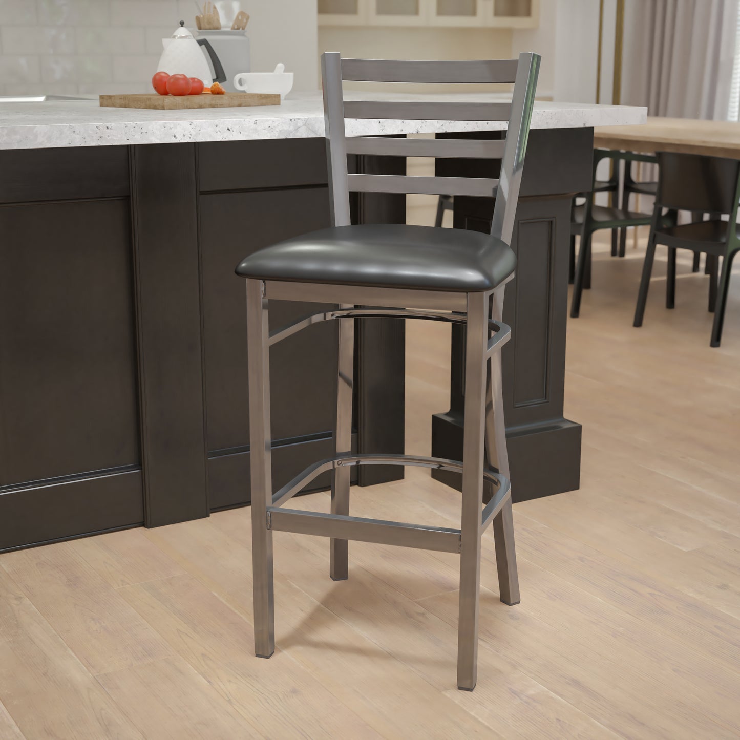 HERCULES Series Silver Antique Finish with Clear Coat Ladder Back Metal Restaurant Barstool - Black Vinyl Seat Black Vinyl Seat/Clear Coated Metal Frame