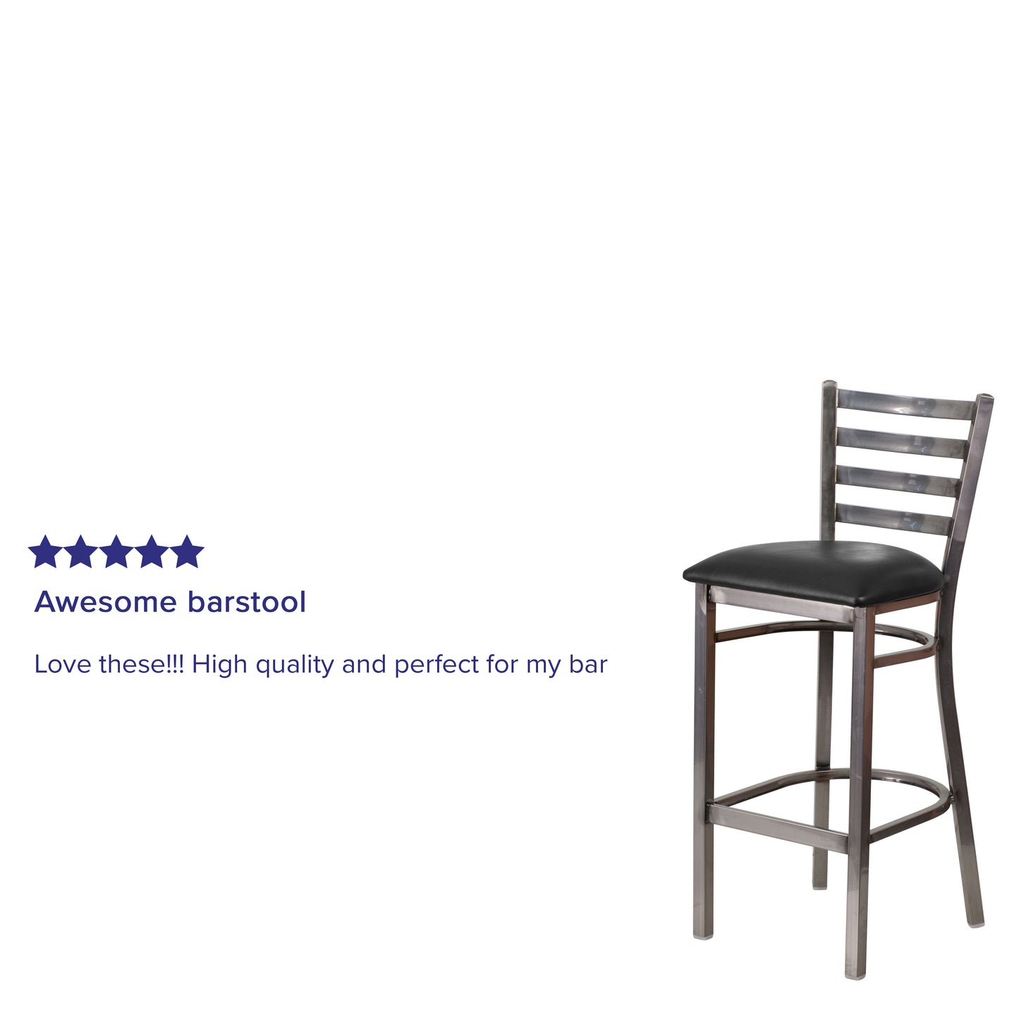 HERCULES Series Silver Antique Finish with Clear Coat Ladder Back Metal Restaurant Barstool - Black Vinyl Seat Black Vinyl Seat/Clear Coated Metal Frame