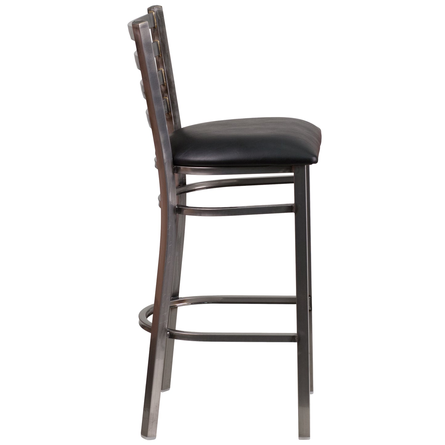 HERCULES Series Silver Antique Finish with Clear Coat Ladder Back Metal Restaurant Barstool - Black Vinyl Seat Black Vinyl Seat/Clear Coated Metal Frame