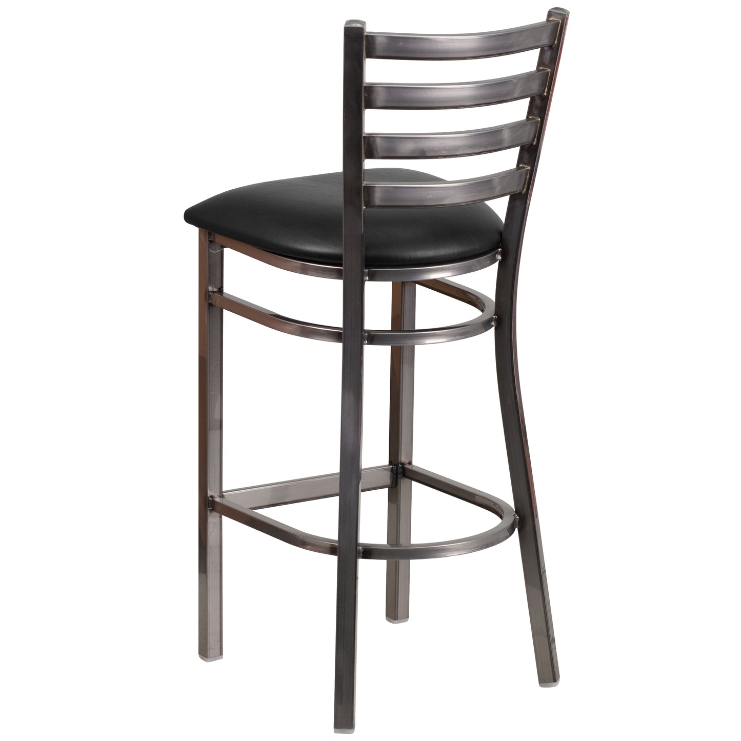 HERCULES Series Silver Antique Finish with Clear Coat Ladder Back Metal Restaurant Barstool - Black Vinyl Seat Black Vinyl Seat/Clear Coated Metal Frame