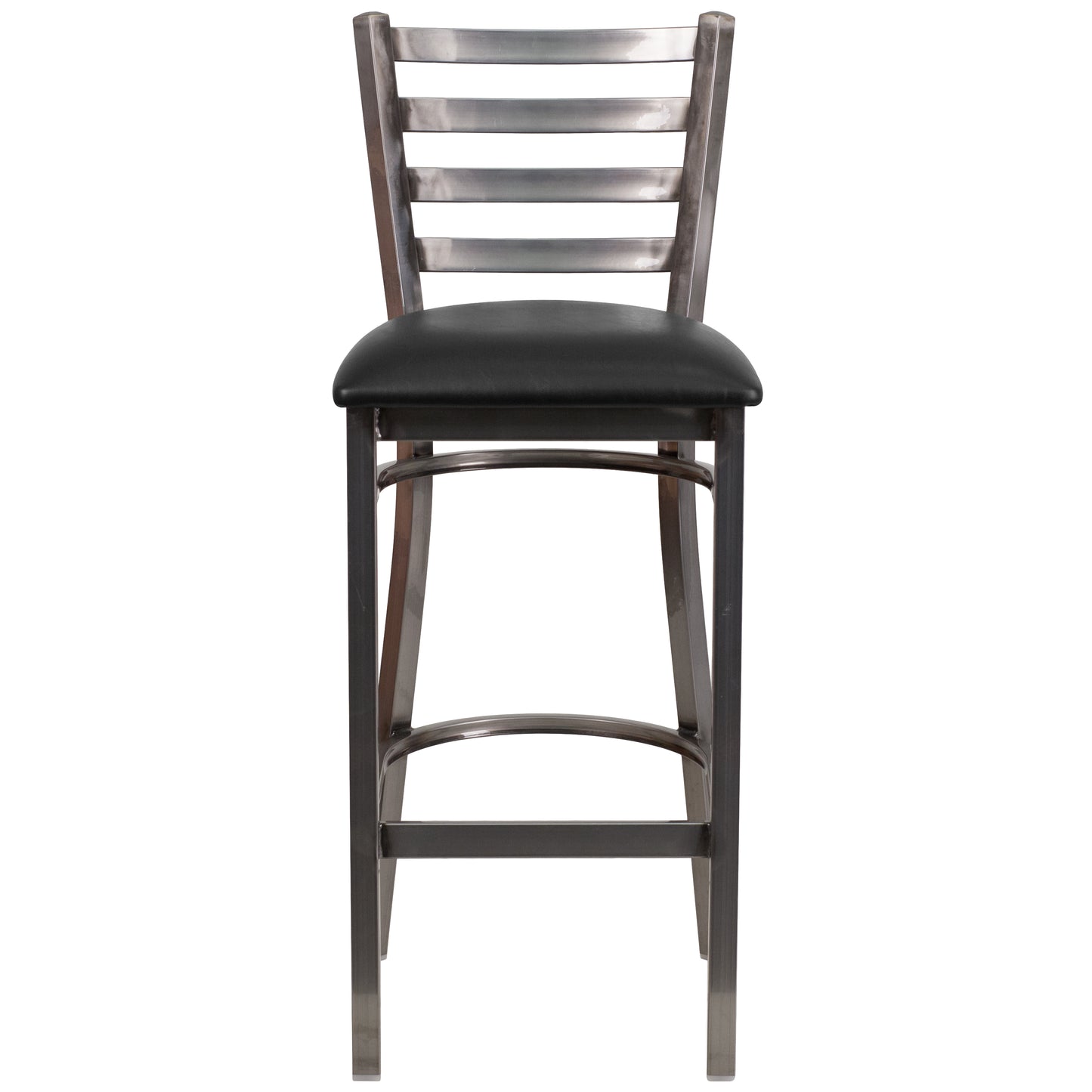 HERCULES Series Silver Antique Finish with Clear Coat Ladder Back Metal Restaurant Barstool - Black Vinyl Seat Black Vinyl Seat/Clear Coated Metal Frame