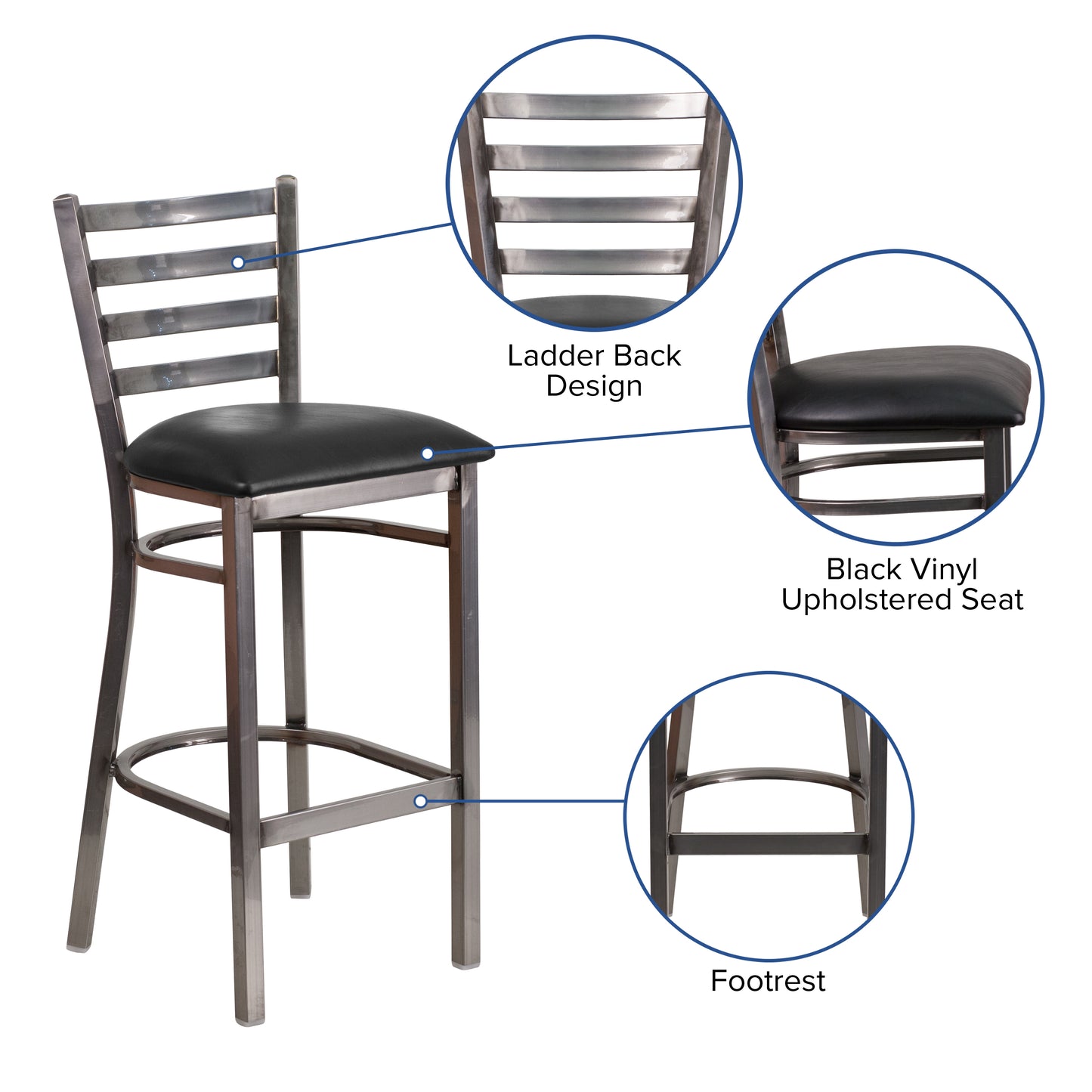 HERCULES Series Silver Antique Finish with Clear Coat Ladder Back Metal Restaurant Barstool - Black Vinyl Seat Black Vinyl Seat/Clear Coated Metal Frame
