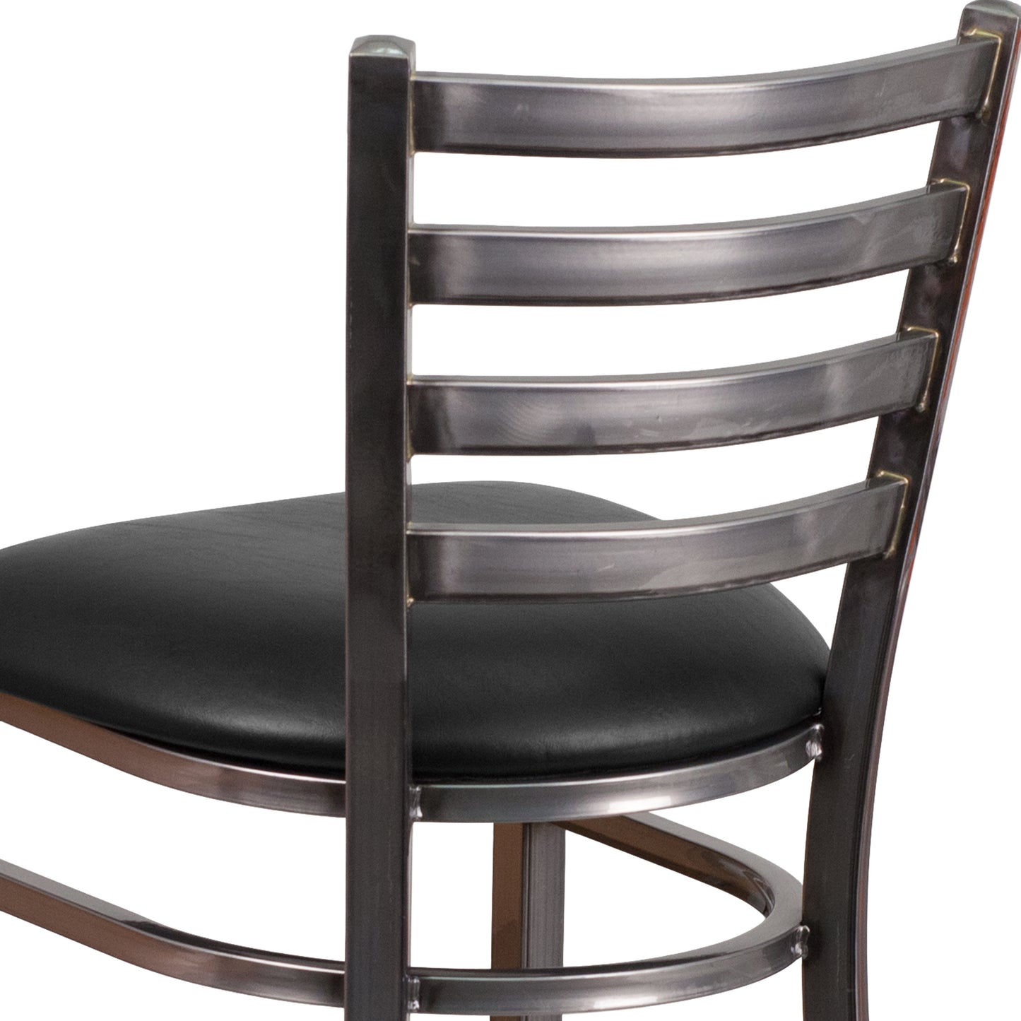 HERCULES Series Silver Antique Finish with Clear Coat Ladder Back Metal Restaurant Barstool - Black Vinyl Seat Black Vinyl Seat/Clear Coated Metal Frame