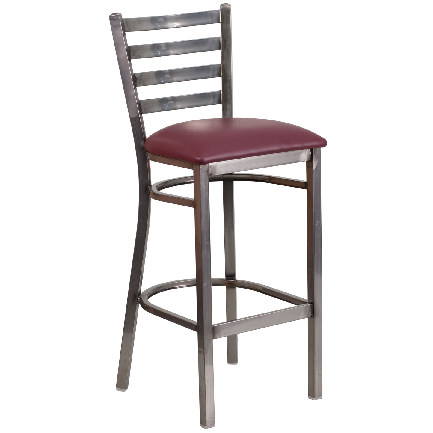 HERCULES Series Silver Antique Finish with Clear Coat Ladder Back Metal Restaurant Barstool - Burgundy Vinyl Seat Burgundy Vinyl Seat/Clear Coated Metal Frame