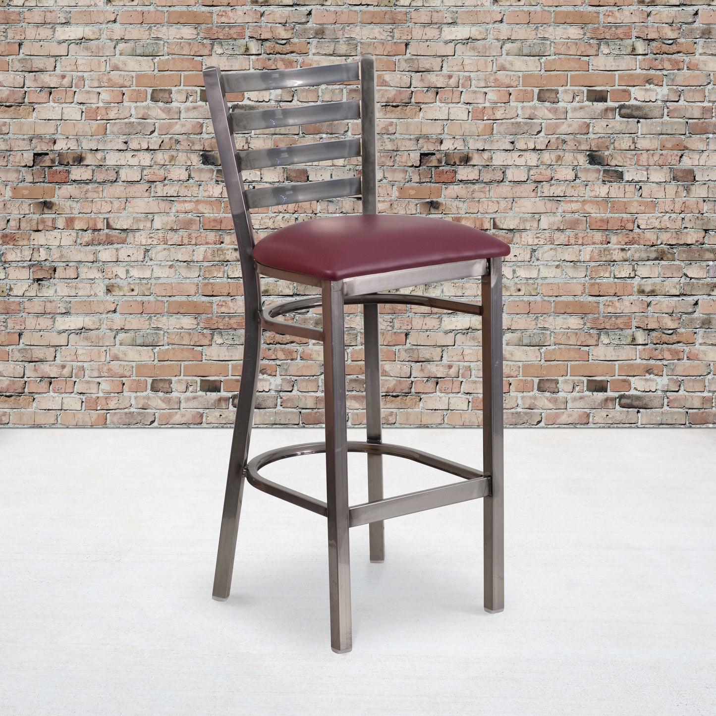 HERCULES Series Silver Antique Finish with Clear Coat Ladder Back Metal Restaurant Barstool - Burgundy Vinyl Seat Burgundy Vinyl Seat/Clear Coated Metal Frame