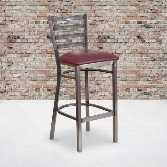 HERCULES Series Silver Antique Finish with Clear Coat Ladder Back Metal Restaurant Barstool - Burgundy Vinyl Seat Burgundy Vinyl Seat/Clear Coated Metal Frame