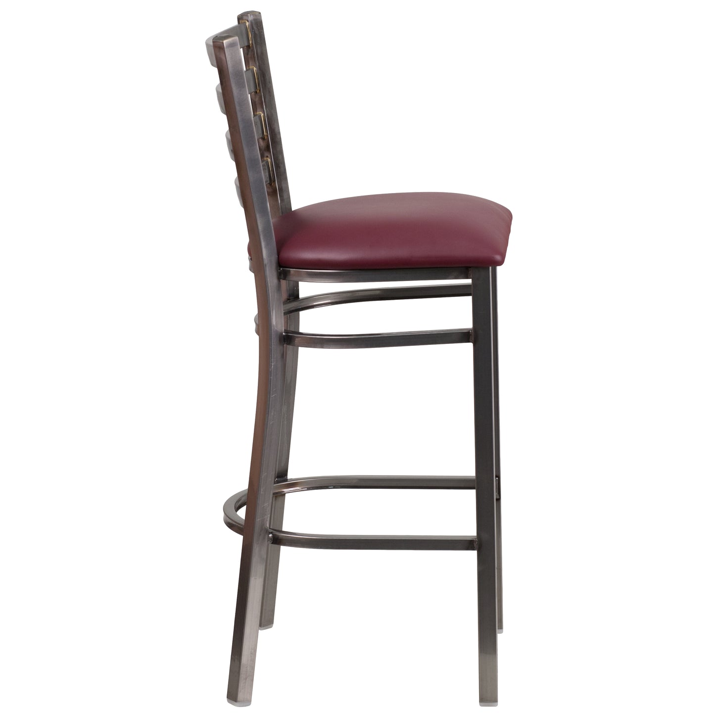HERCULES Series Silver Antique Finish with Clear Coat Ladder Back Metal Restaurant Barstool - Burgundy Vinyl Seat Burgundy Vinyl Seat/Clear Coated Metal Frame