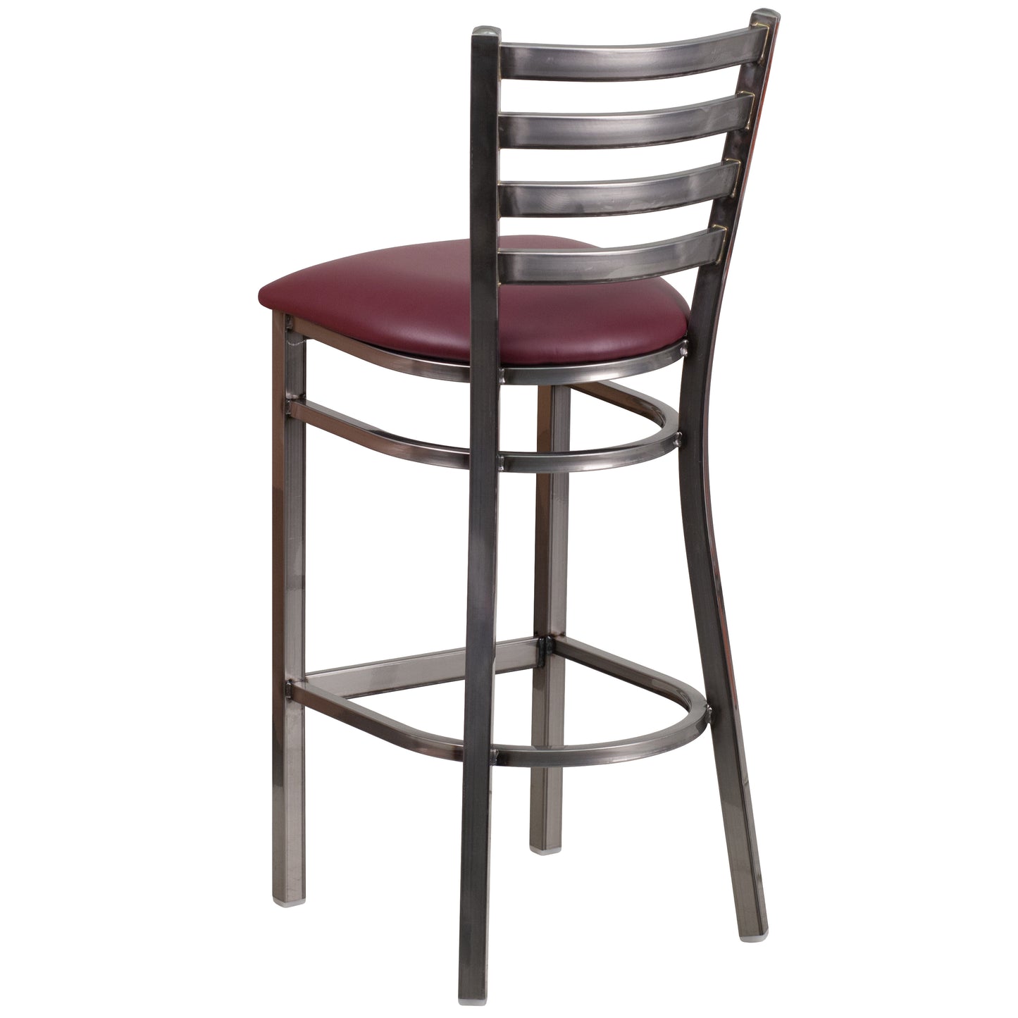HERCULES Series Silver Antique Finish with Clear Coat Ladder Back Metal Restaurant Barstool - Burgundy Vinyl Seat Burgundy Vinyl Seat/Clear Coated Metal Frame