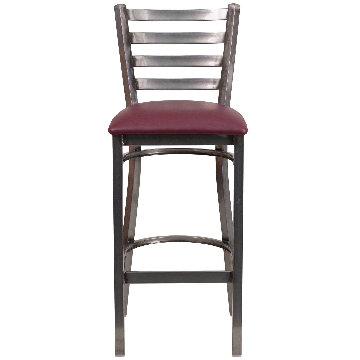 HERCULES Series Silver Antique Finish with Clear Coat Ladder Back Metal Restaurant Barstool - Burgundy Vinyl Seat Burgundy Vinyl Seat/Clear Coated Metal Frame