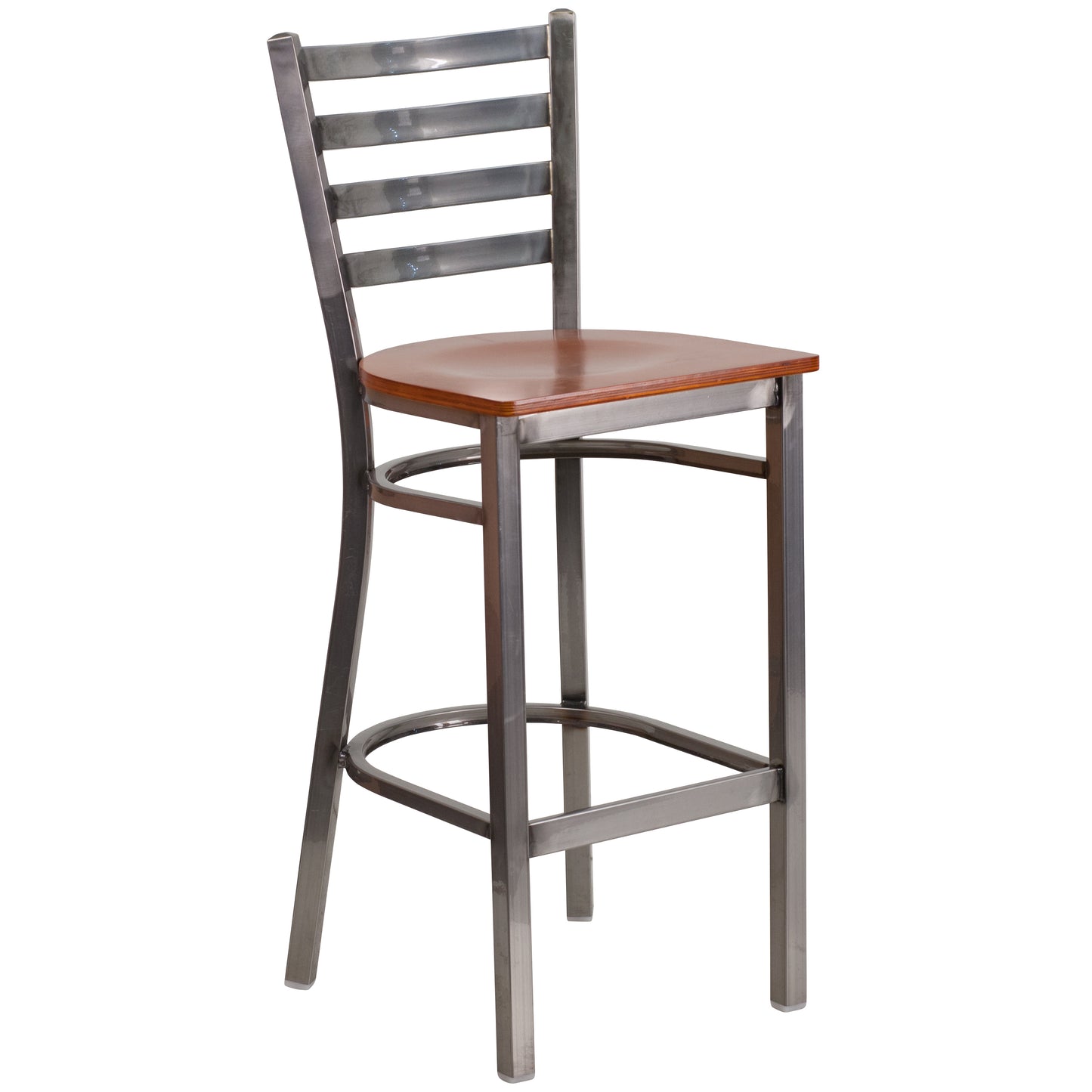 HERCULES Series Silver Antique Finish with Clear Coat Ladder Back Metal Restaurant Barstool - Cherry Wood Seat Cherry Wood Seat/Clear Coated Metal Frame