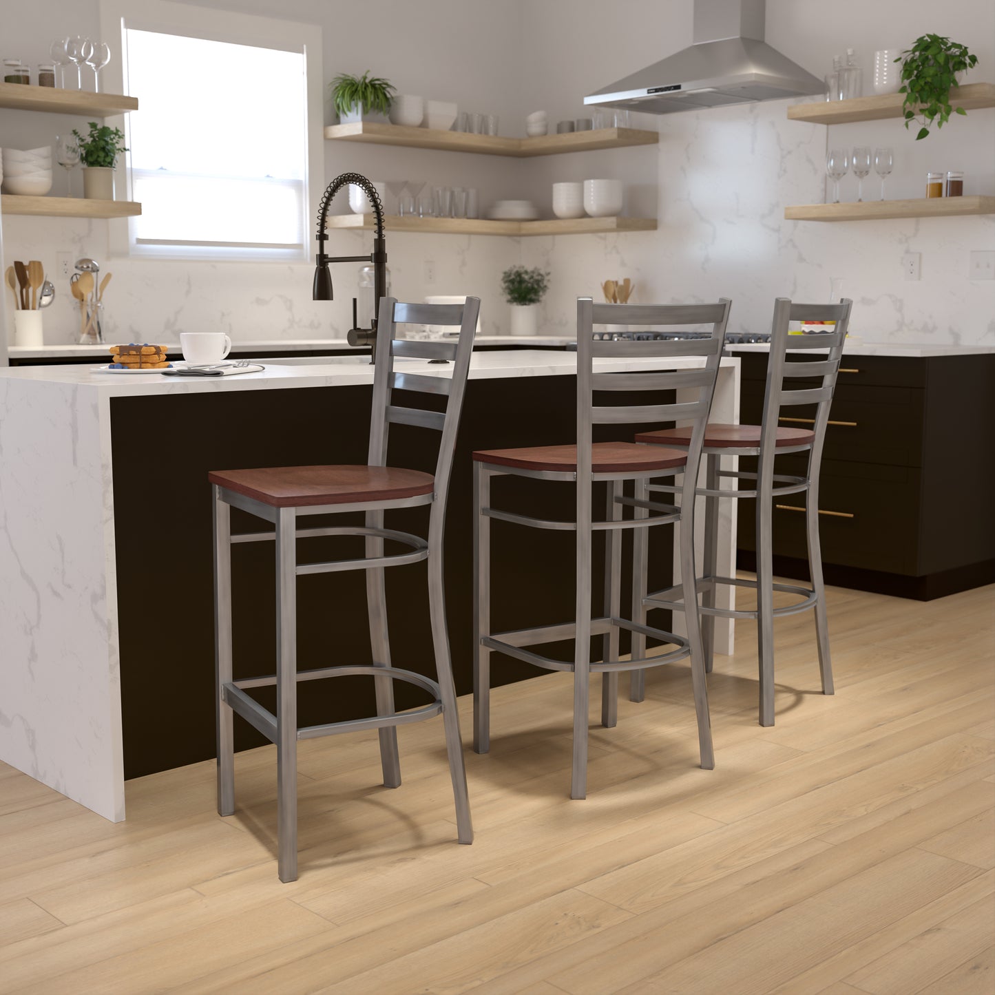 HERCULES Series Silver Antique Finish with Clear Coat Ladder Back Metal Restaurant Barstool - Cherry Wood Seat Cherry Wood Seat/Clear Coated Metal Frame