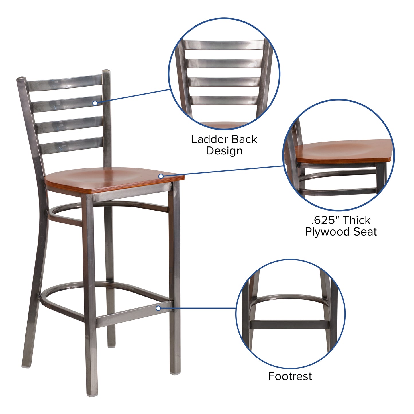 HERCULES Series Silver Antique Finish with Clear Coat Ladder Back Metal Restaurant Barstool - Cherry Wood Seat Cherry Wood Seat/Clear Coated Metal Frame