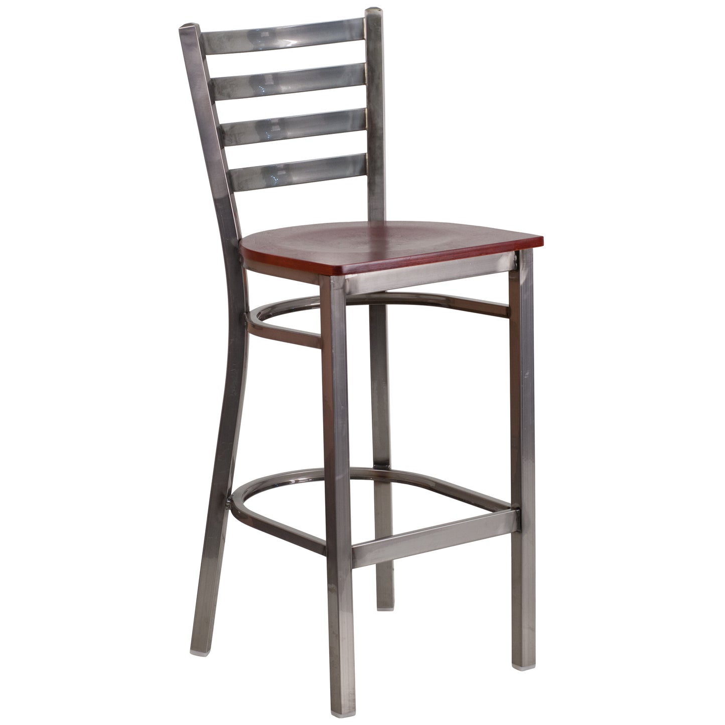 HERCULES Series Silver Antique Finish with Clear Coat Ladder Back Metal Restaurant Barstool - Mahogany Wood Seat Mahogany Wood Seat/Clear Coated Metal Frame