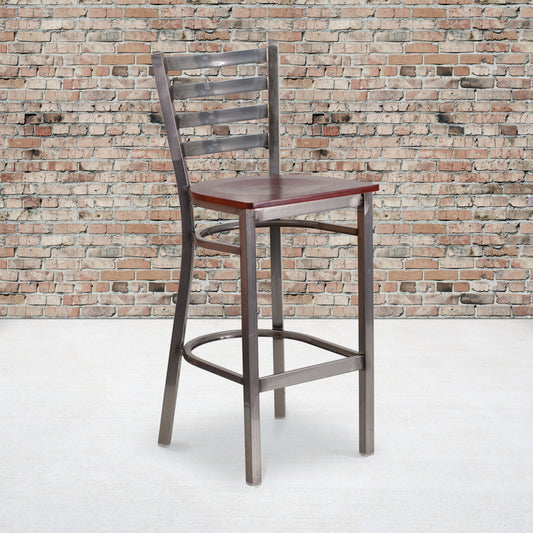 HERCULES Series Silver Antique Finish with Clear Coat Ladder Back Metal Restaurant Barstool - Mahogany Wood Seat Mahogany Wood Seat/Clear Coated Metal Frame