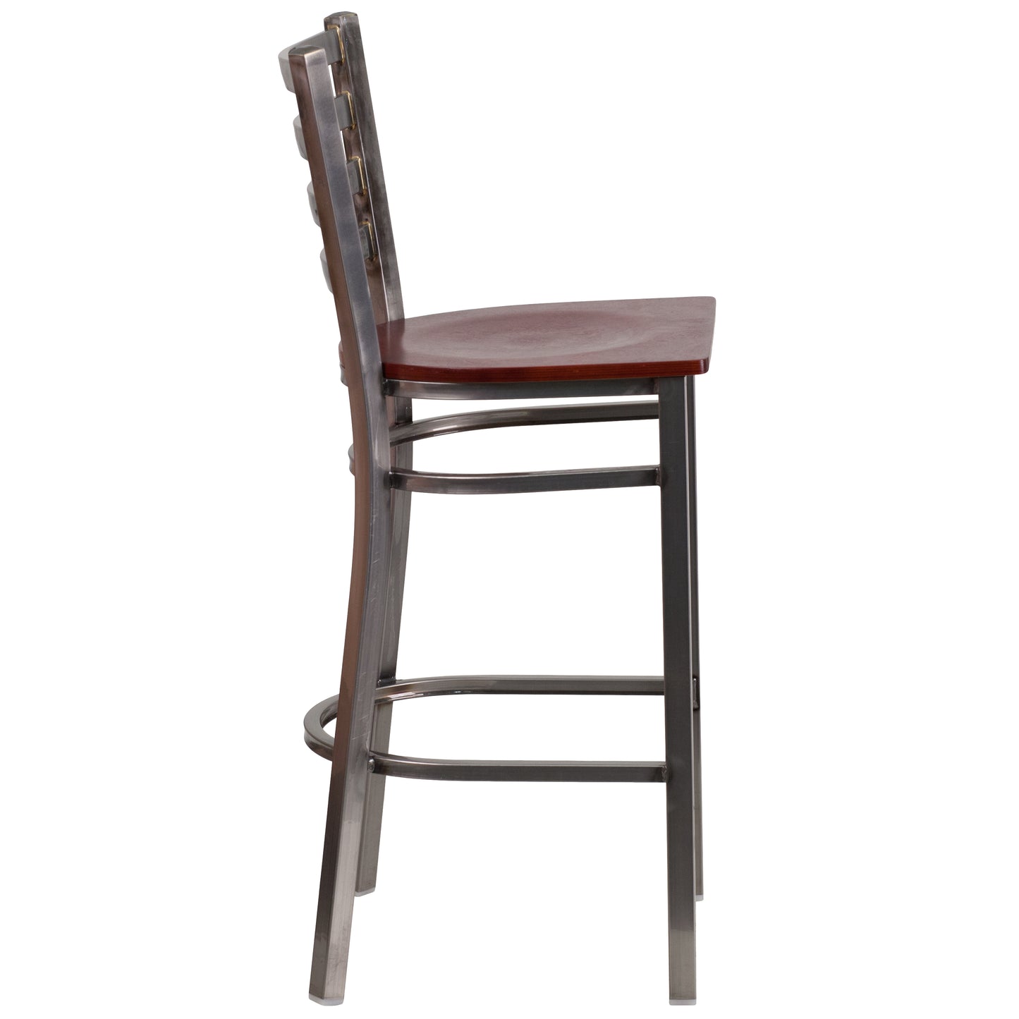 HERCULES Series Silver Antique Finish with Clear Coat Ladder Back Metal Restaurant Barstool - Mahogany Wood Seat Mahogany Wood Seat/Clear Coated Metal Frame