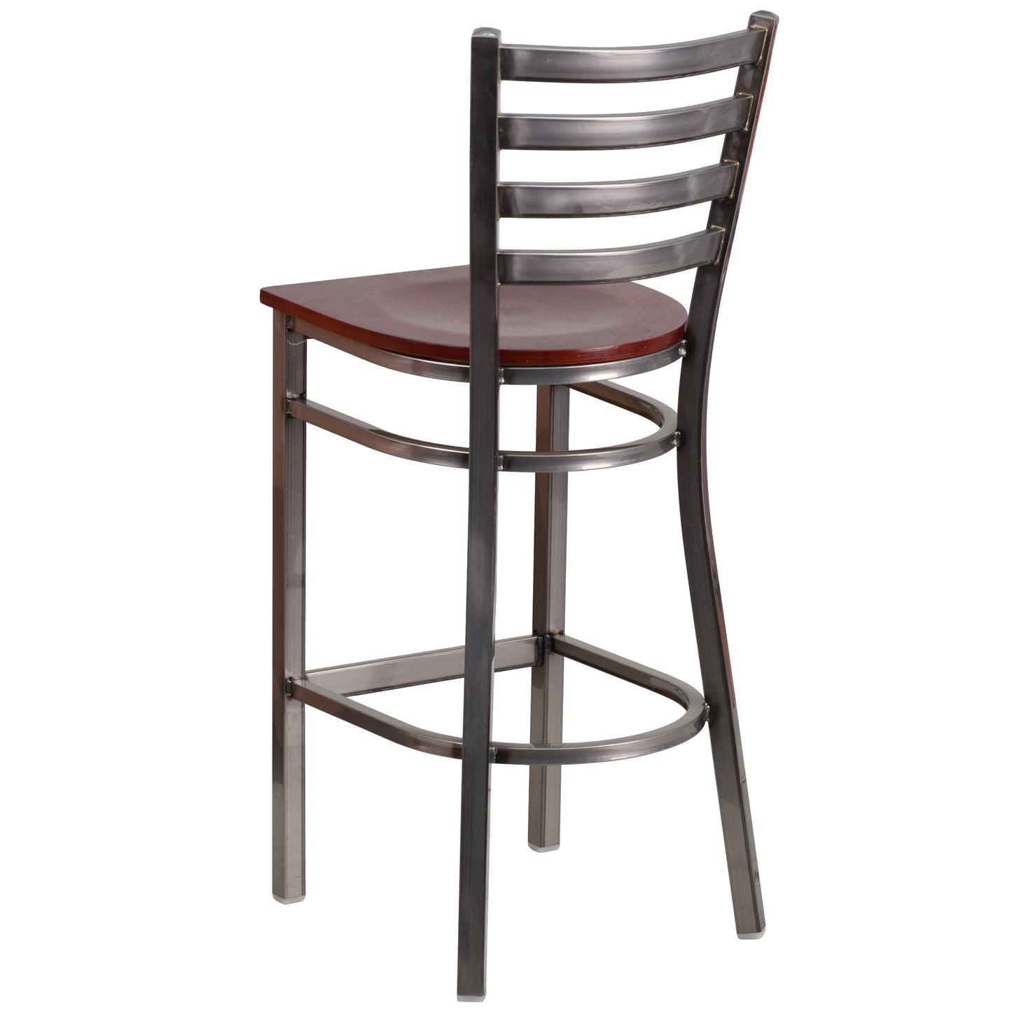 HERCULES Series Silver Antique Finish with Clear Coat Ladder Back Metal Restaurant Barstool - Mahogany Wood Seat Mahogany Wood Seat/Clear Coated Metal Frame