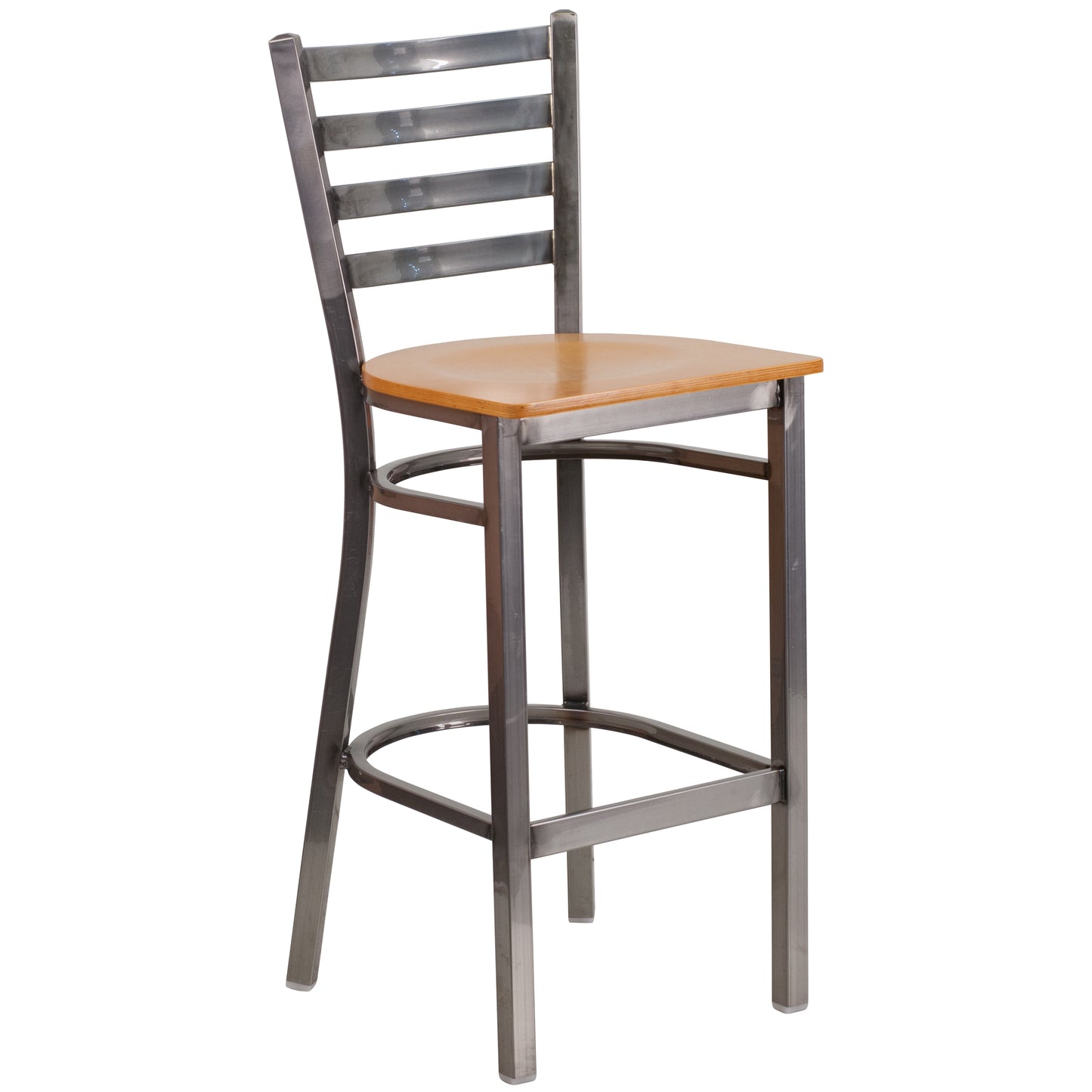 HERCULES Series Silver Antique Finish with Clear Coat Ladder Back Metal Restaurant Barstool - Natural Wood Seat Natural Wood Seat/Clear Coated Metal Frame