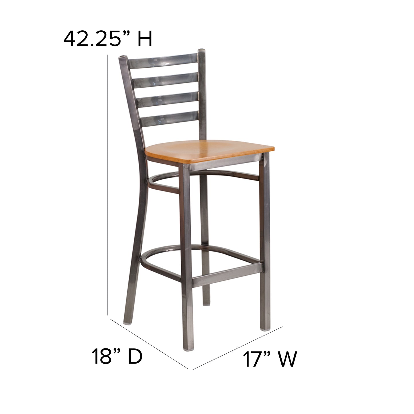 HERCULES Series Silver Antique Finish with Clear Coat Ladder Back Metal Restaurant Barstool - Natural Wood Seat Natural Wood Seat/Clear Coated Metal Frame