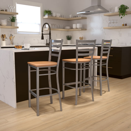 HERCULES Series Silver Antique Finish with Clear Coat Ladder Back Metal Restaurant Barstool - Natural Wood Seat Natural Wood Seat/Clear Coated Metal Frame