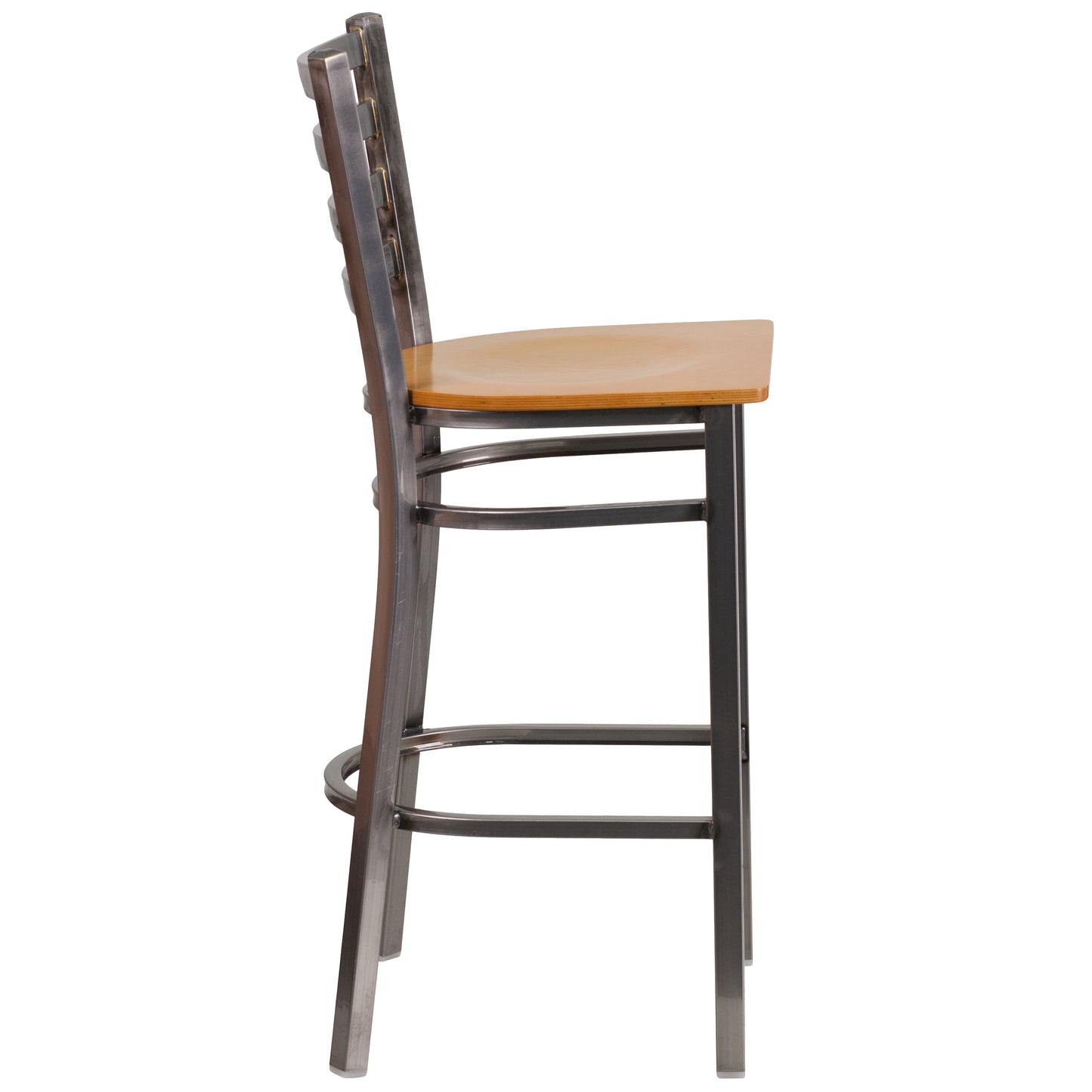 HERCULES Series Silver Antique Finish with Clear Coat Ladder Back Metal Restaurant Barstool - Natural Wood Seat Natural Wood Seat/Clear Coated Metal Frame