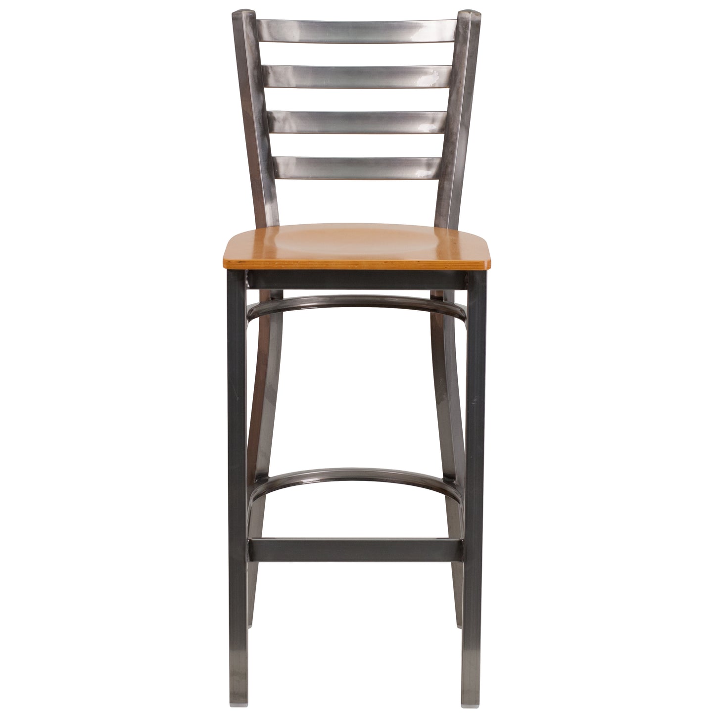HERCULES Series Silver Antique Finish with Clear Coat Ladder Back Metal Restaurant Barstool - Natural Wood Seat Natural Wood Seat/Clear Coated Metal Frame