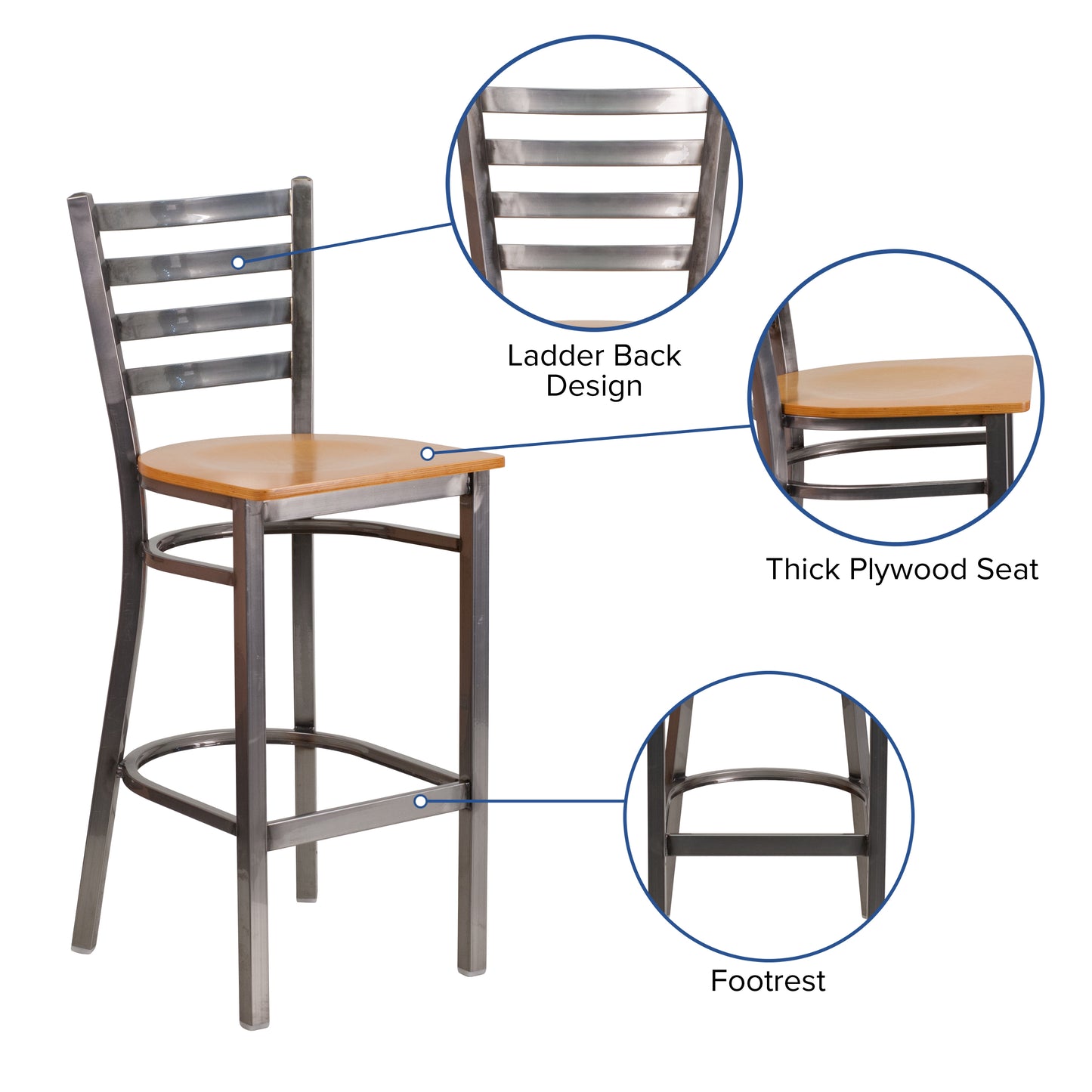 HERCULES Series Silver Antique Finish with Clear Coat Ladder Back Metal Restaurant Barstool - Natural Wood Seat Natural Wood Seat/Clear Coated Metal Frame