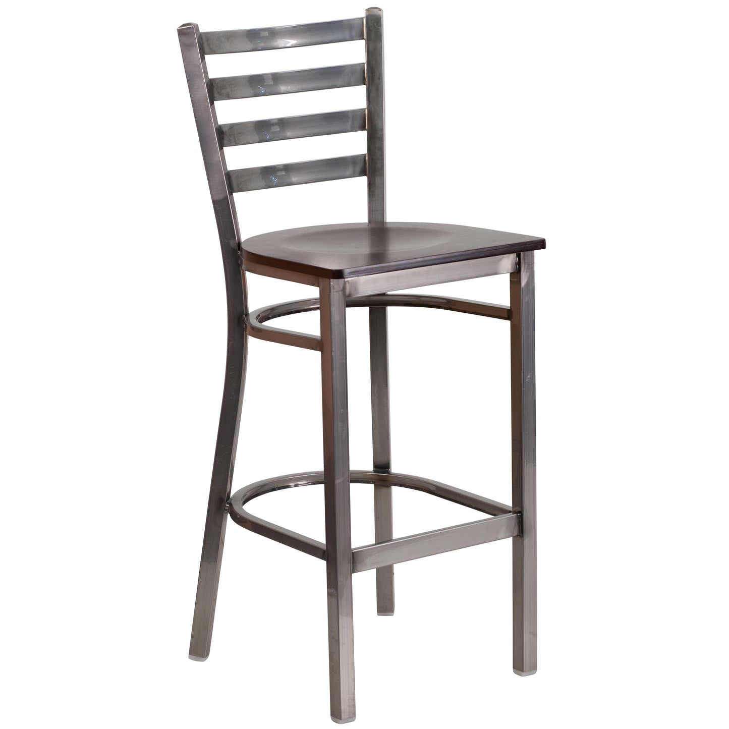 HERCULES Series Silver Antique Finish with Clear Coat Ladder Back Metal Restaurant Barstool - Walnut Wood Seat Walnut Wood Seat/Clear Coated Metal Frame