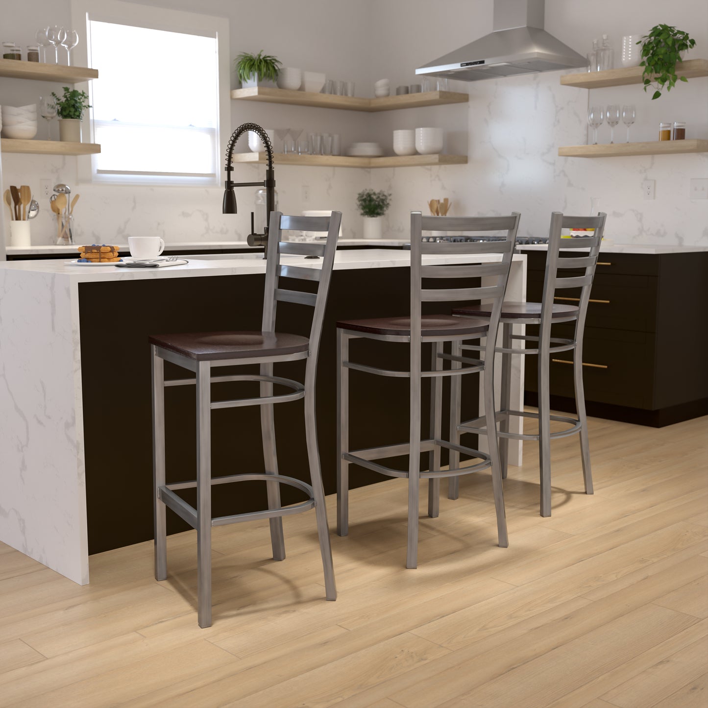 HERCULES Series Silver Antique Finish with Clear Coat Ladder Back Metal Restaurant Barstool - Walnut Wood Seat Walnut Wood Seat/Clear Coated Metal Frame