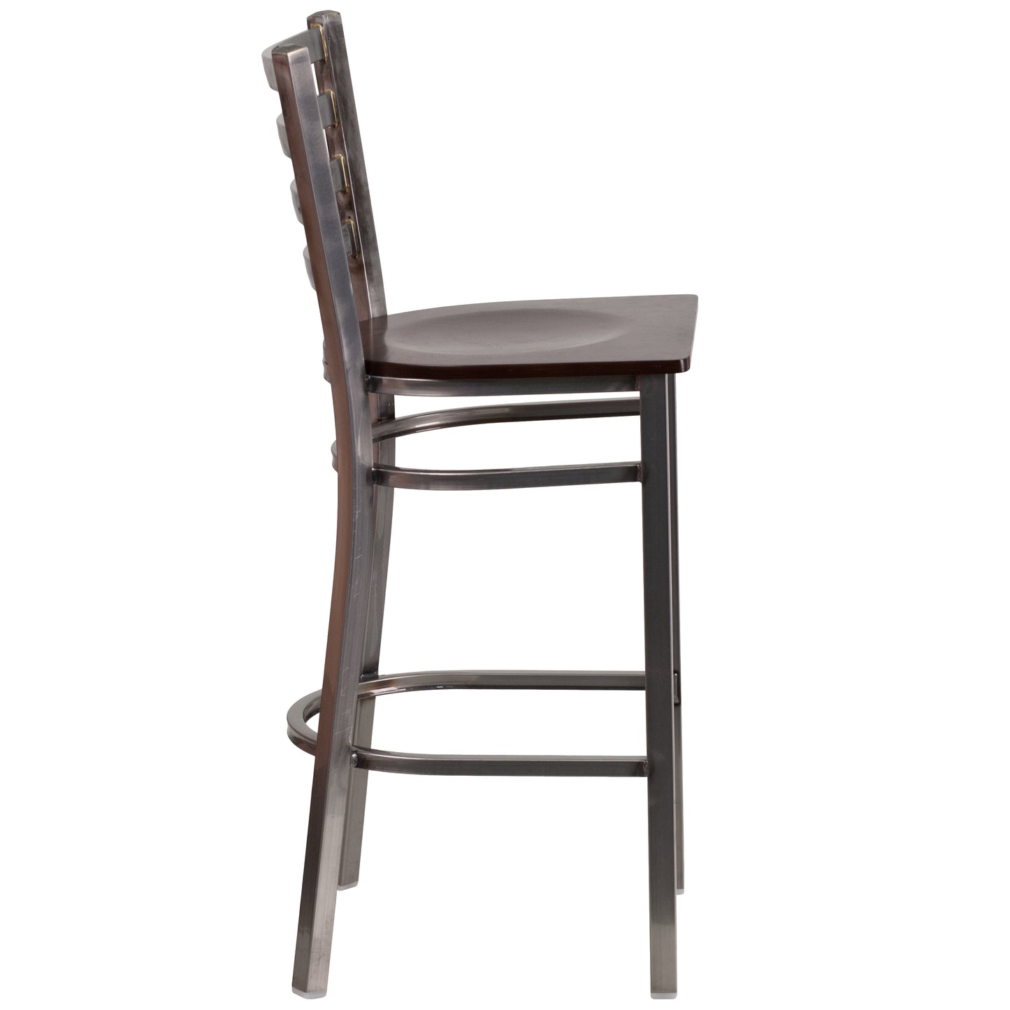 HERCULES Series Silver Antique Finish with Clear Coat Ladder Back Metal Restaurant Barstool - Walnut Wood Seat Walnut Wood Seat/Clear Coated Metal Frame