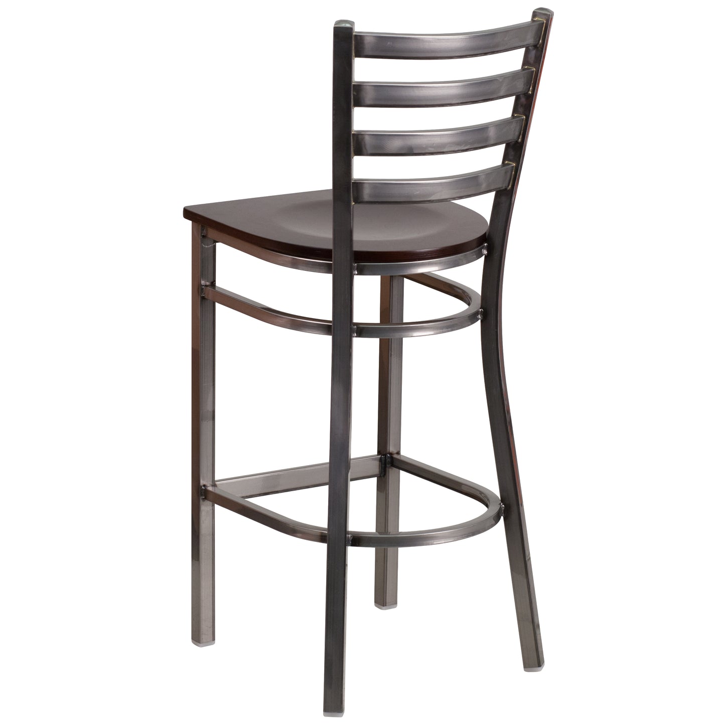 HERCULES Series Silver Antique Finish with Clear Coat Ladder Back Metal Restaurant Barstool - Walnut Wood Seat Walnut Wood Seat/Clear Coated Metal Frame