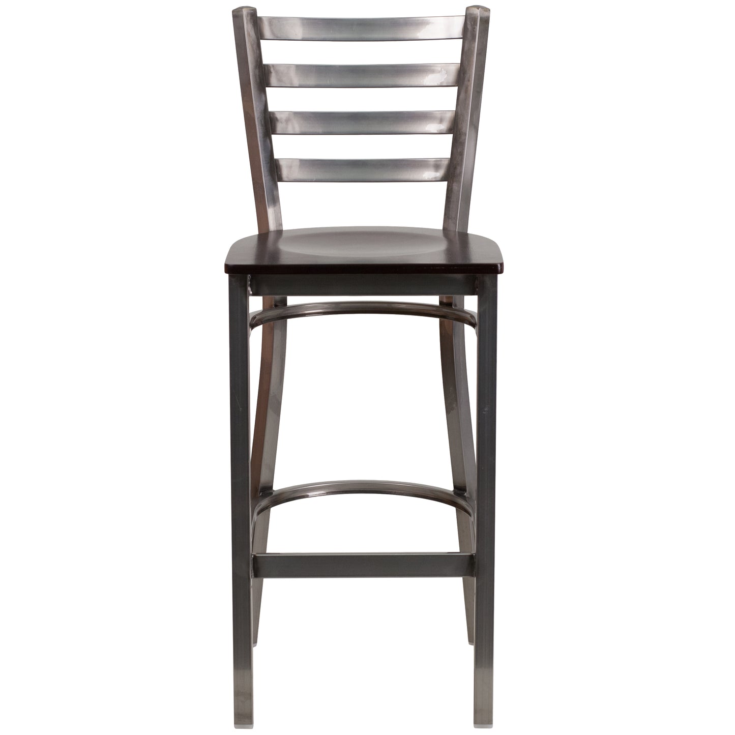 HERCULES Series Silver Antique Finish with Clear Coat Ladder Back Metal Restaurant Barstool - Walnut Wood Seat Walnut Wood Seat/Clear Coated Metal Frame