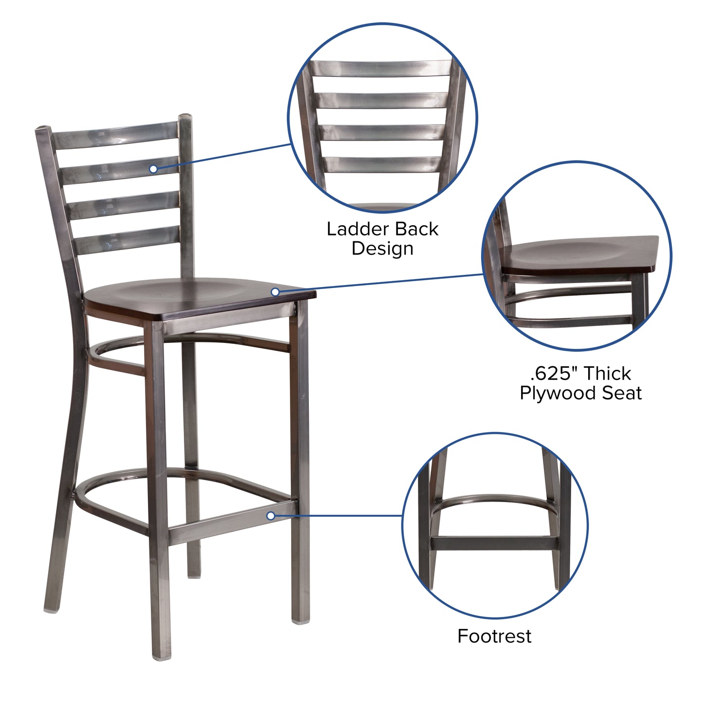 HERCULES Series Silver Antique Finish with Clear Coat Ladder Back Metal Restaurant Barstool - Walnut Wood Seat Walnut Wood Seat/Clear Coated Metal Frame