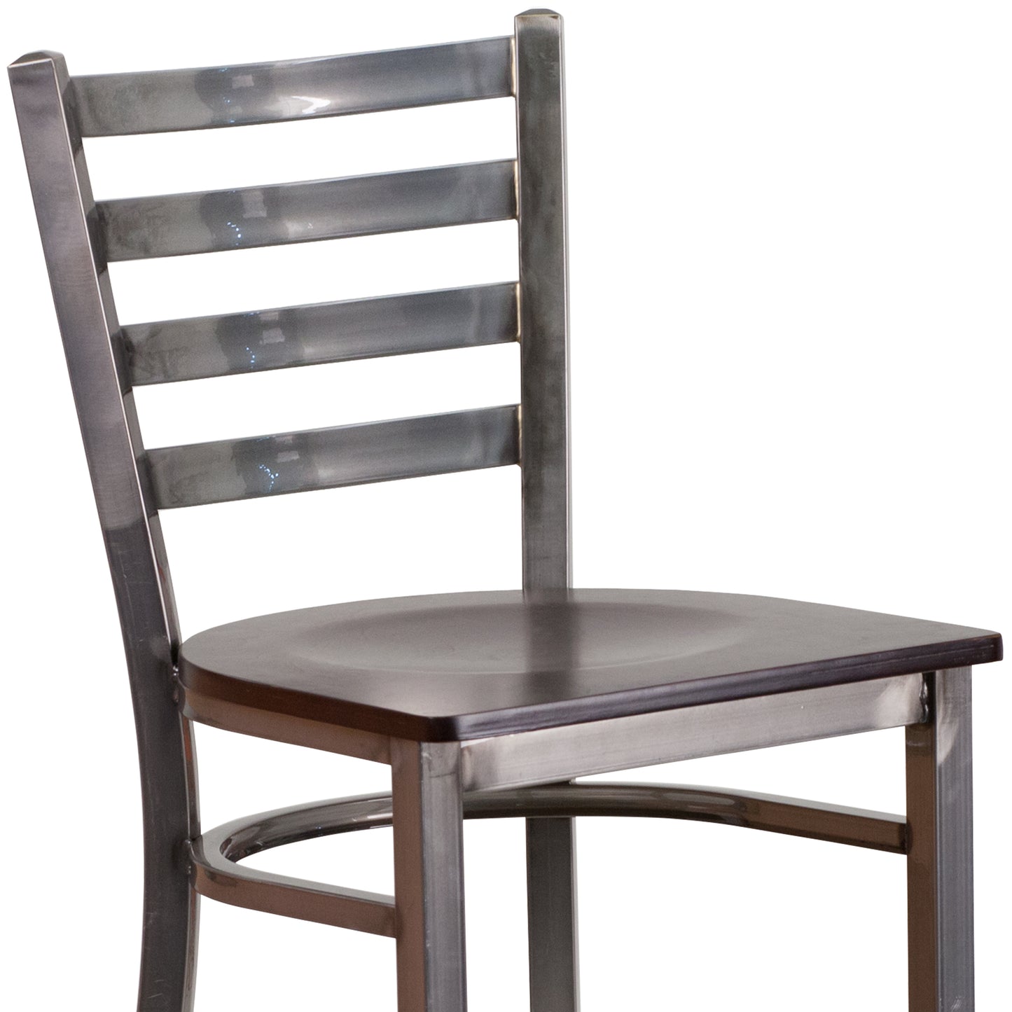 HERCULES Series Silver Antique Finish with Clear Coat Ladder Back Metal Restaurant Barstool - Walnut Wood Seat Walnut Wood Seat/Clear Coated Metal Frame
