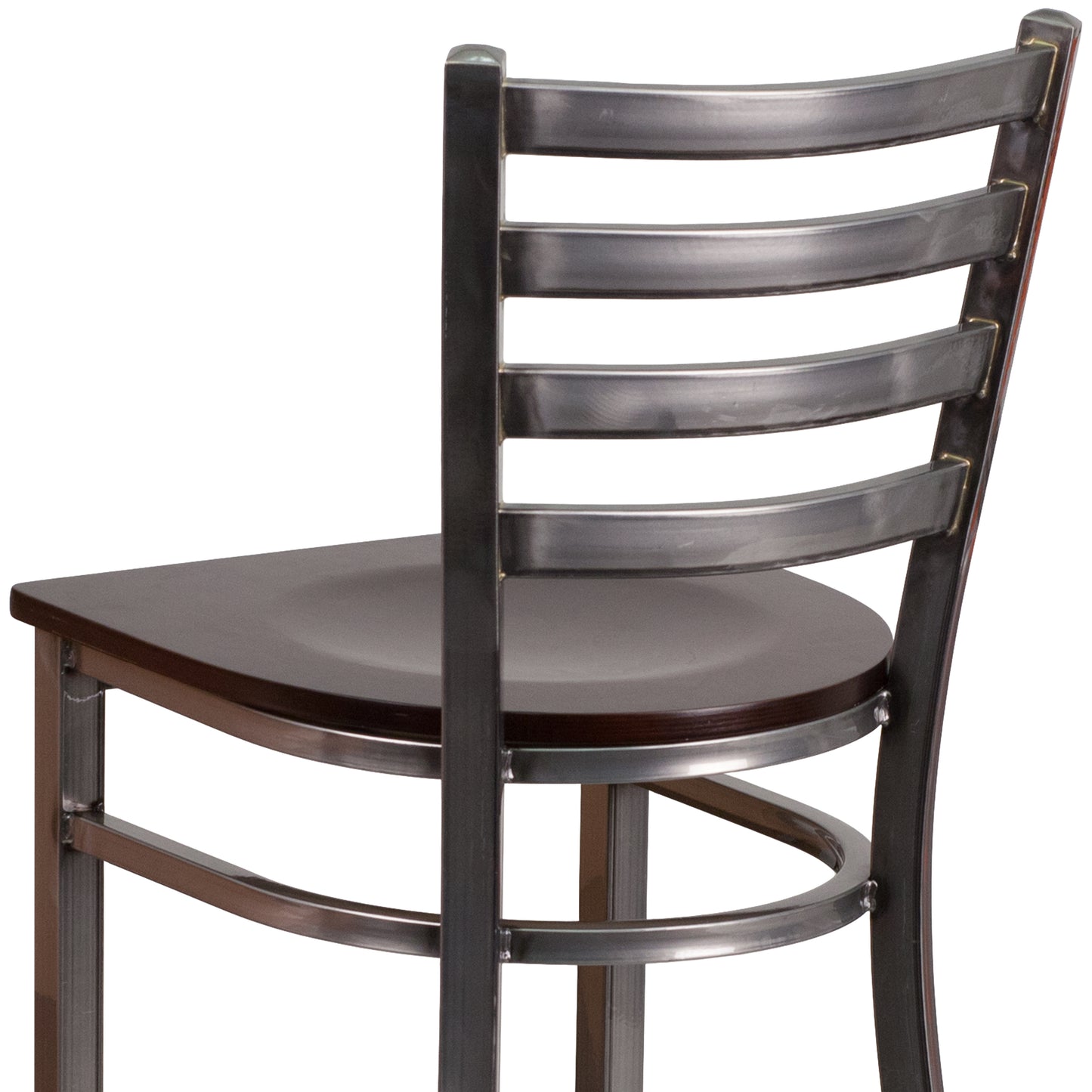 HERCULES Series Silver Antique Finish with Clear Coat Ladder Back Metal Restaurant Barstool - Walnut Wood Seat Walnut Wood Seat/Clear Coated Metal Frame