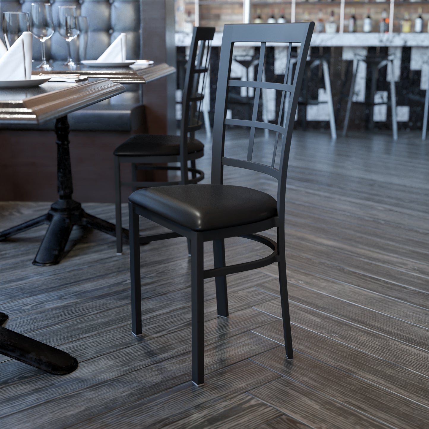 HERCULES Series Black Window Back Metal Restaurant Chair - Black Vinyl Seat Black Vinyl Seat/Black Metal Frame XU-DG6Q3BWIN-BLKV-GG