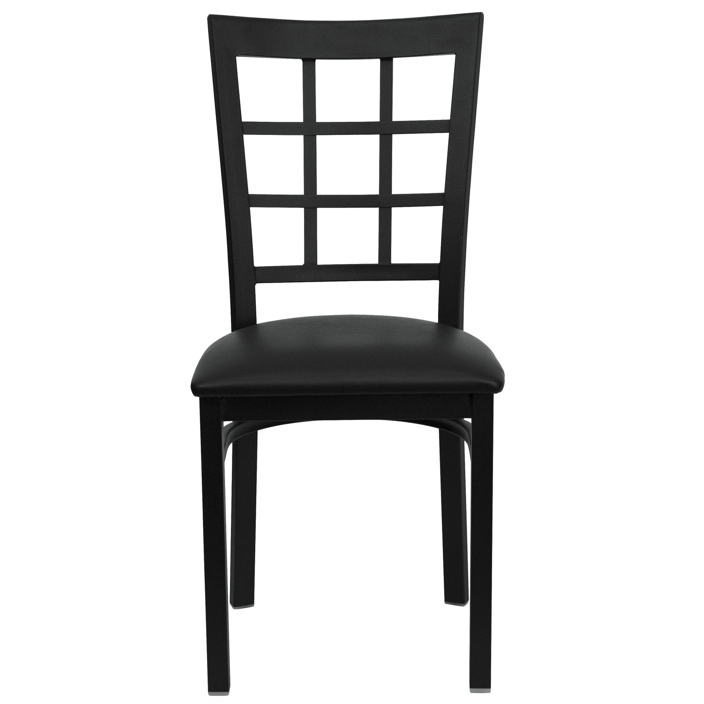 HERCULES Series Black Window Back Metal Restaurant Chair - Black Vinyl Seat Black Vinyl Seat/Black Metal Frame XU-DG6Q3BWIN-BLKV-GG
