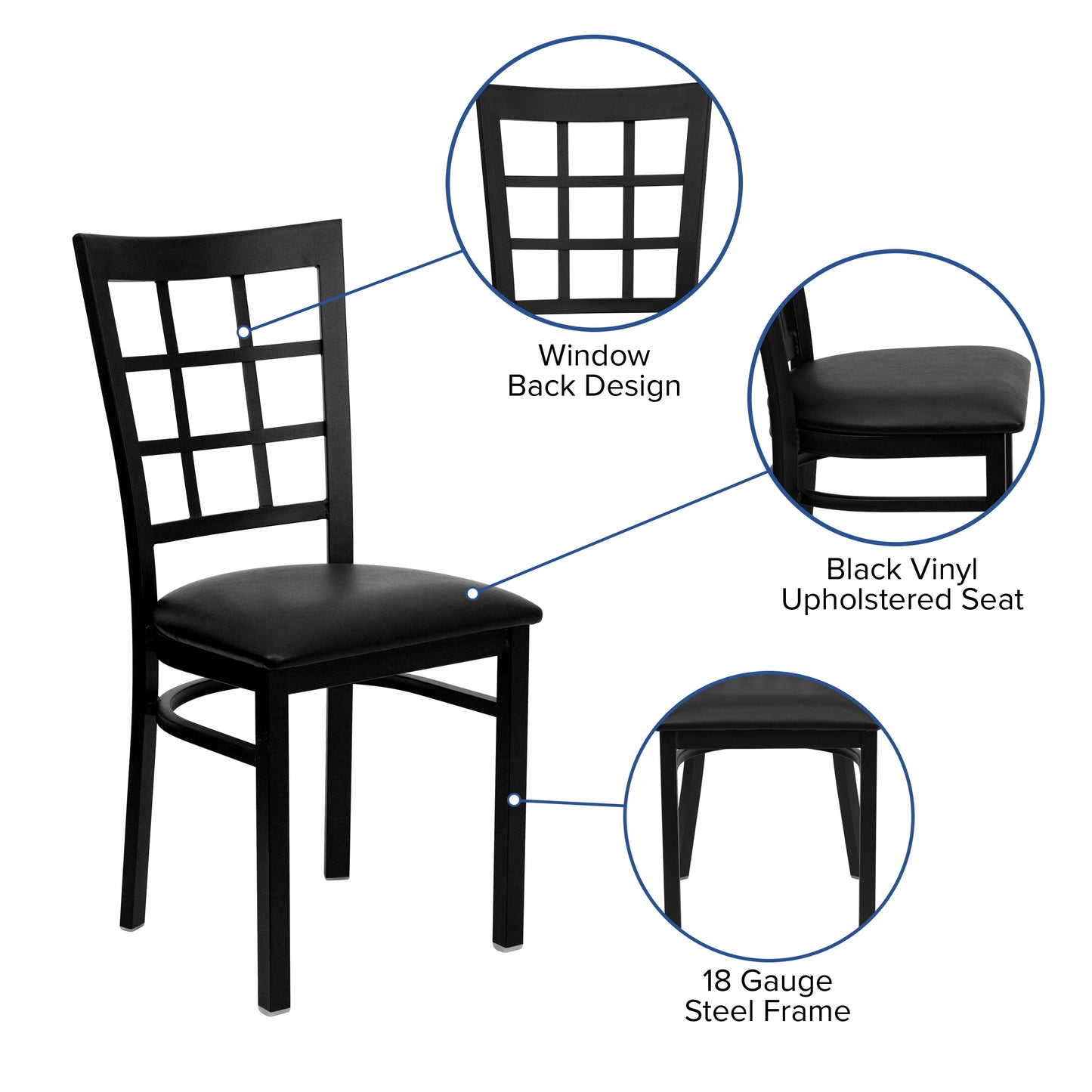 HERCULES Series Black Window Back Metal Restaurant Chair - Black Vinyl Seat Black Vinyl Seat/Black Metal Frame XU-DG6Q3BWIN-BLKV-GG