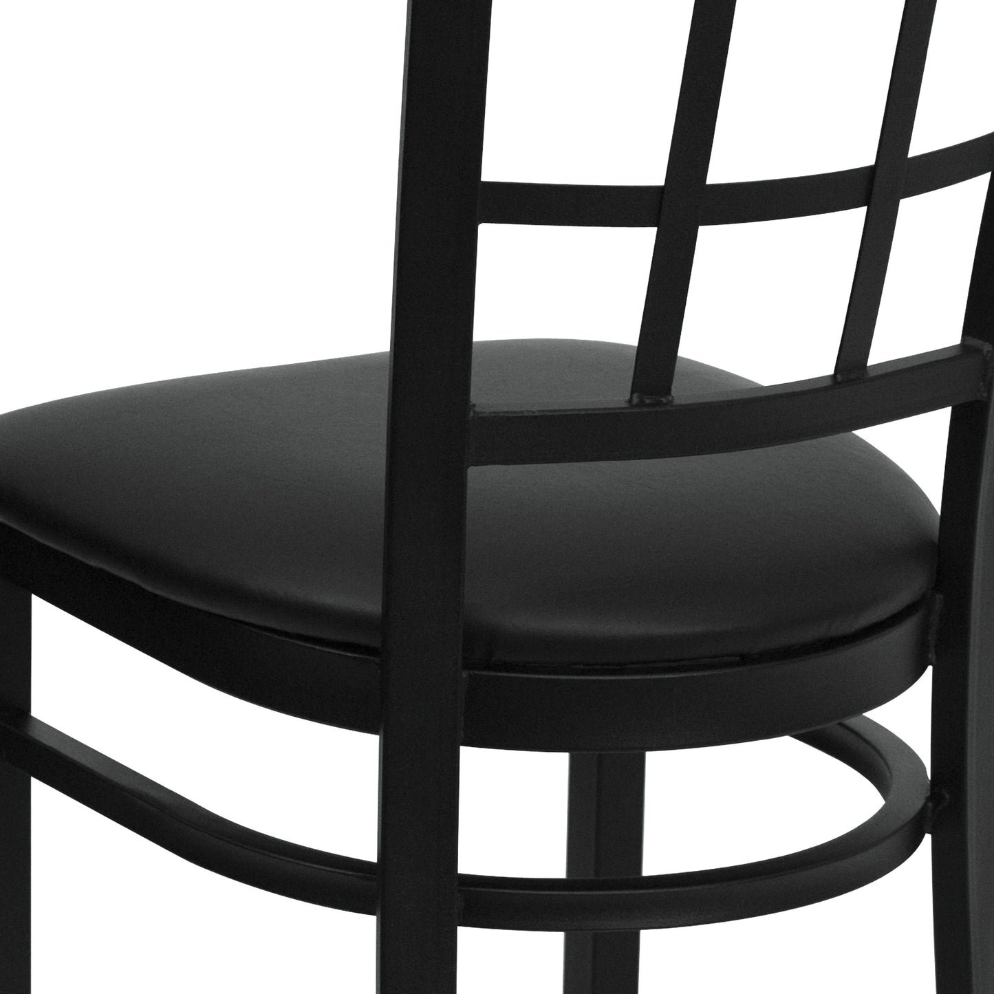 HERCULES Series Black Window Back Metal Restaurant Chair - Black Vinyl Seat Black Vinyl Seat/Black Metal Frame XU-DG6Q3BWIN-BLKV-GG