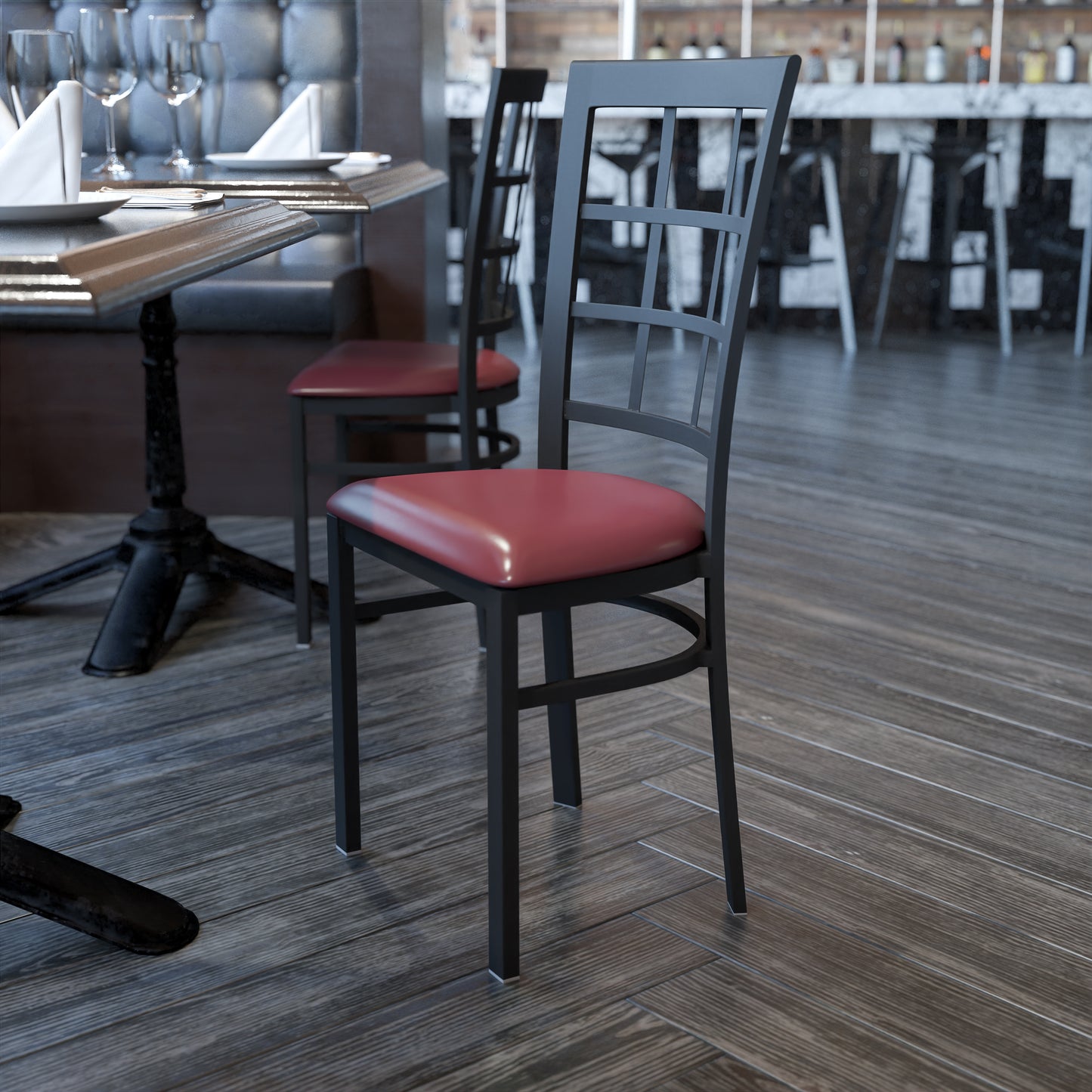 HERCULES Series Black Window Back Metal Restaurant Chair - Burgundy Vinyl Seat Burgundy Vinyl Seat/Black Metal Frame
