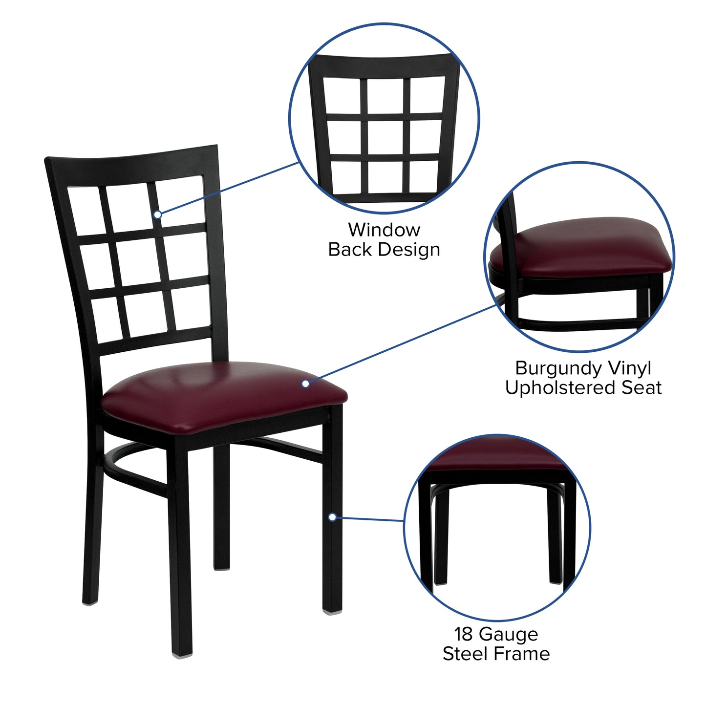 HERCULES Series Black Window Back Metal Restaurant Chair - Burgundy Vinyl Seat Burgundy Vinyl Seat/Black Metal Frame